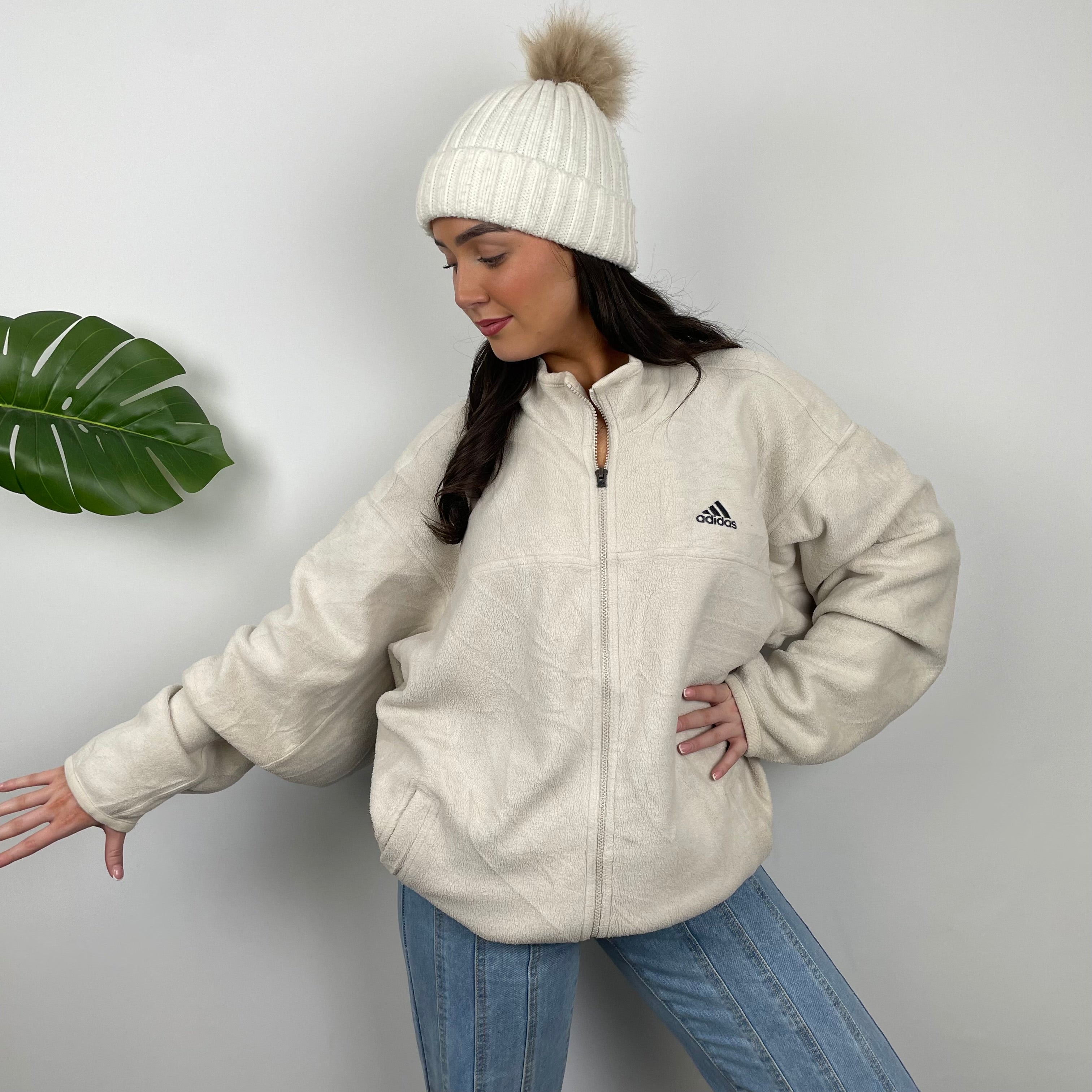 Adidas Cream Embroidered Spell Out Teddy Bear Fleece Zip Up Jacket (L)