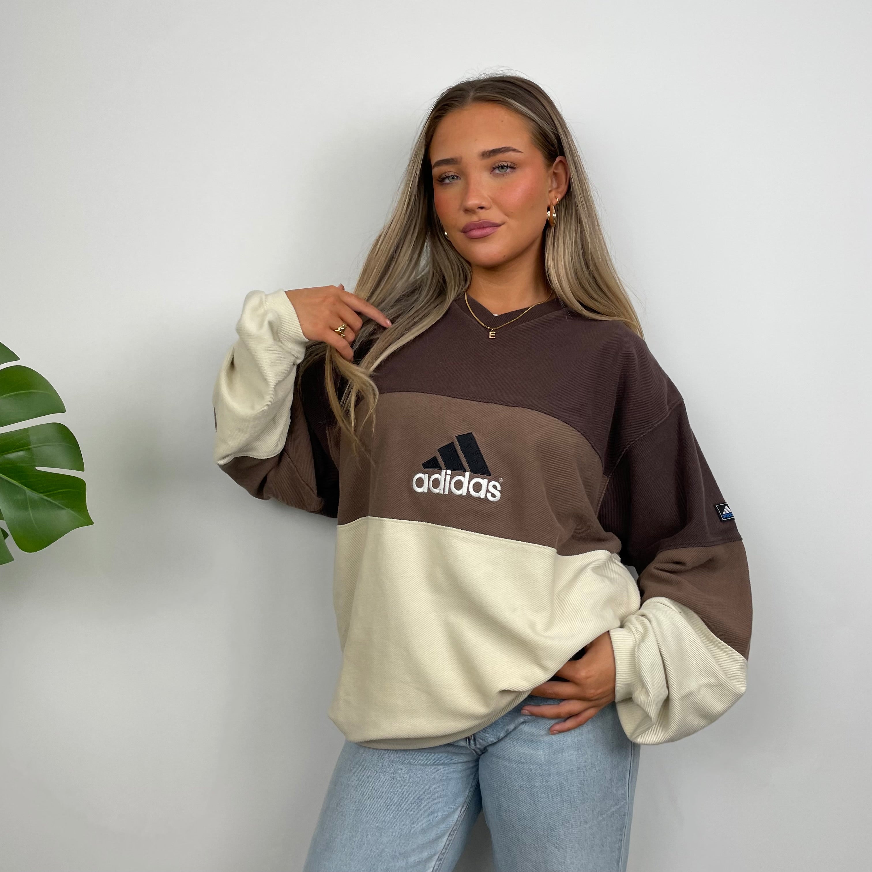 Adidas RARE Cream & Brown Colour Block Embroidered Spell Out Sweatshirt (XL)