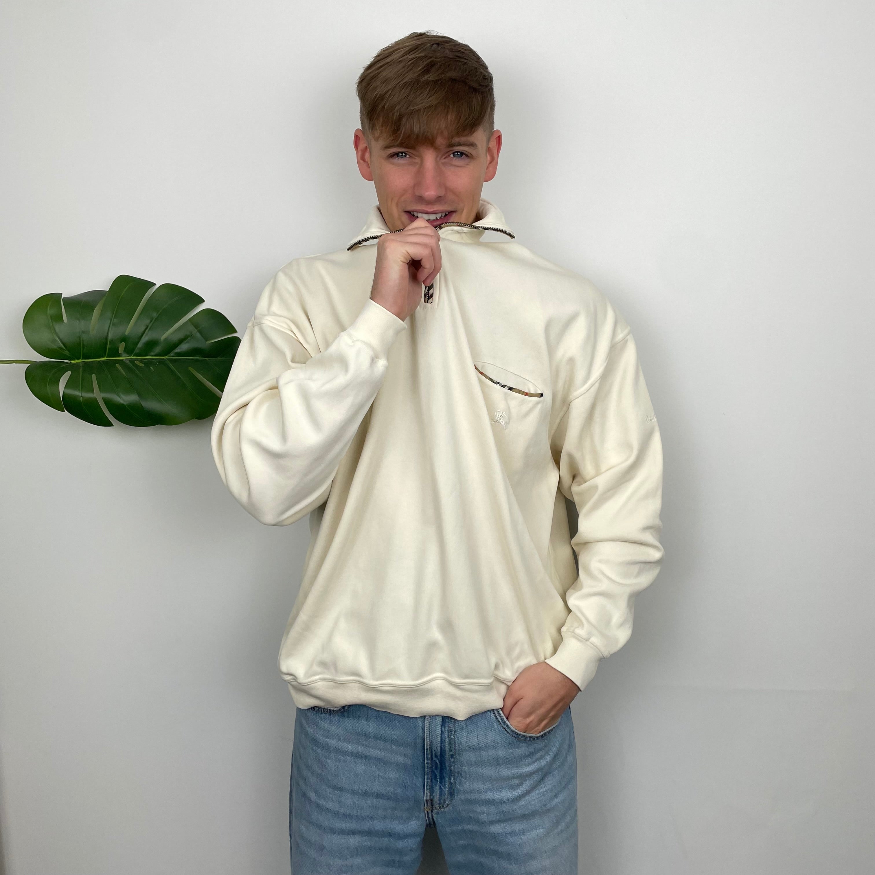 Burberry Cream Embroidered Spell Out Quarter Zip (L)