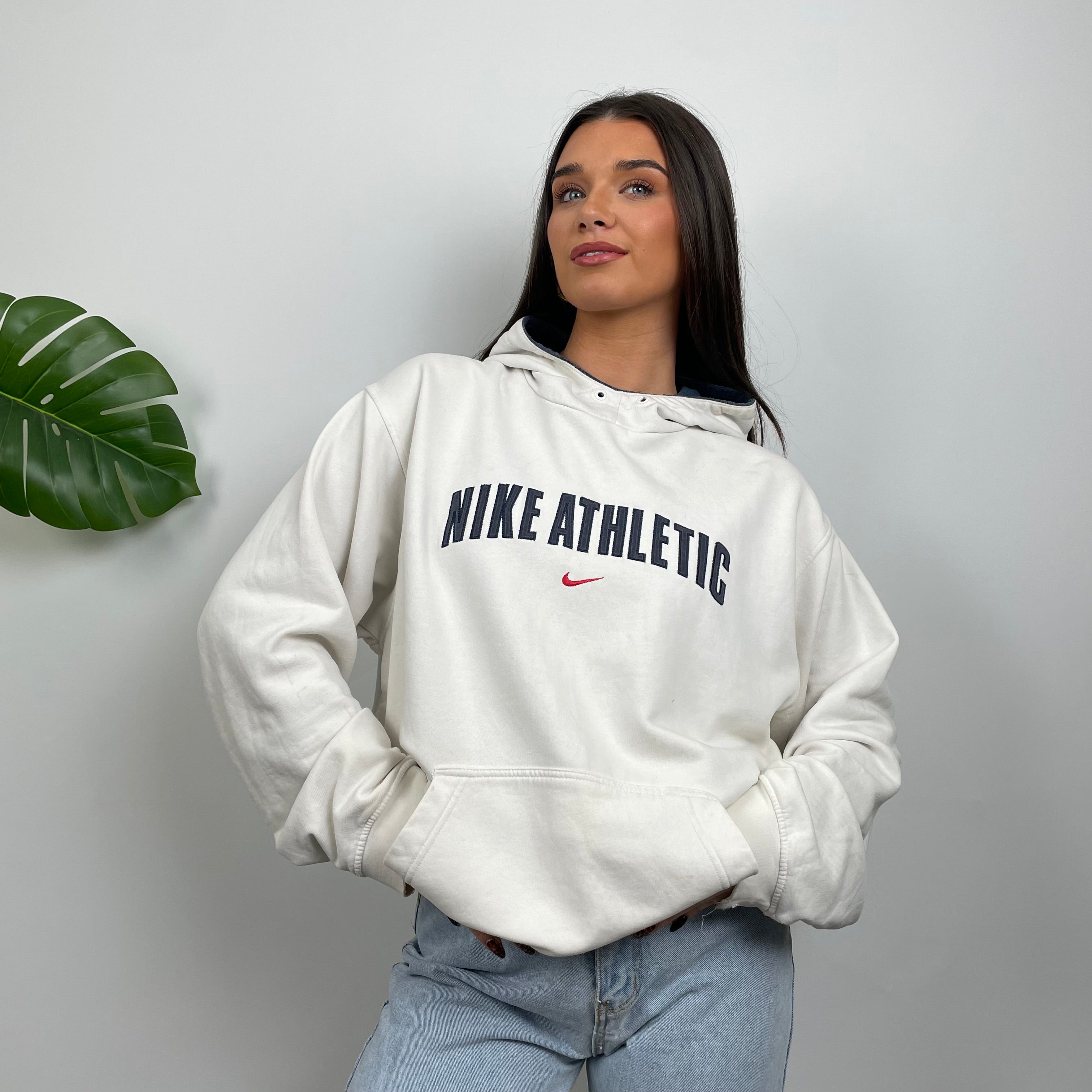 Nike Athletic White Embroidered Spell Out Hoodie (L)