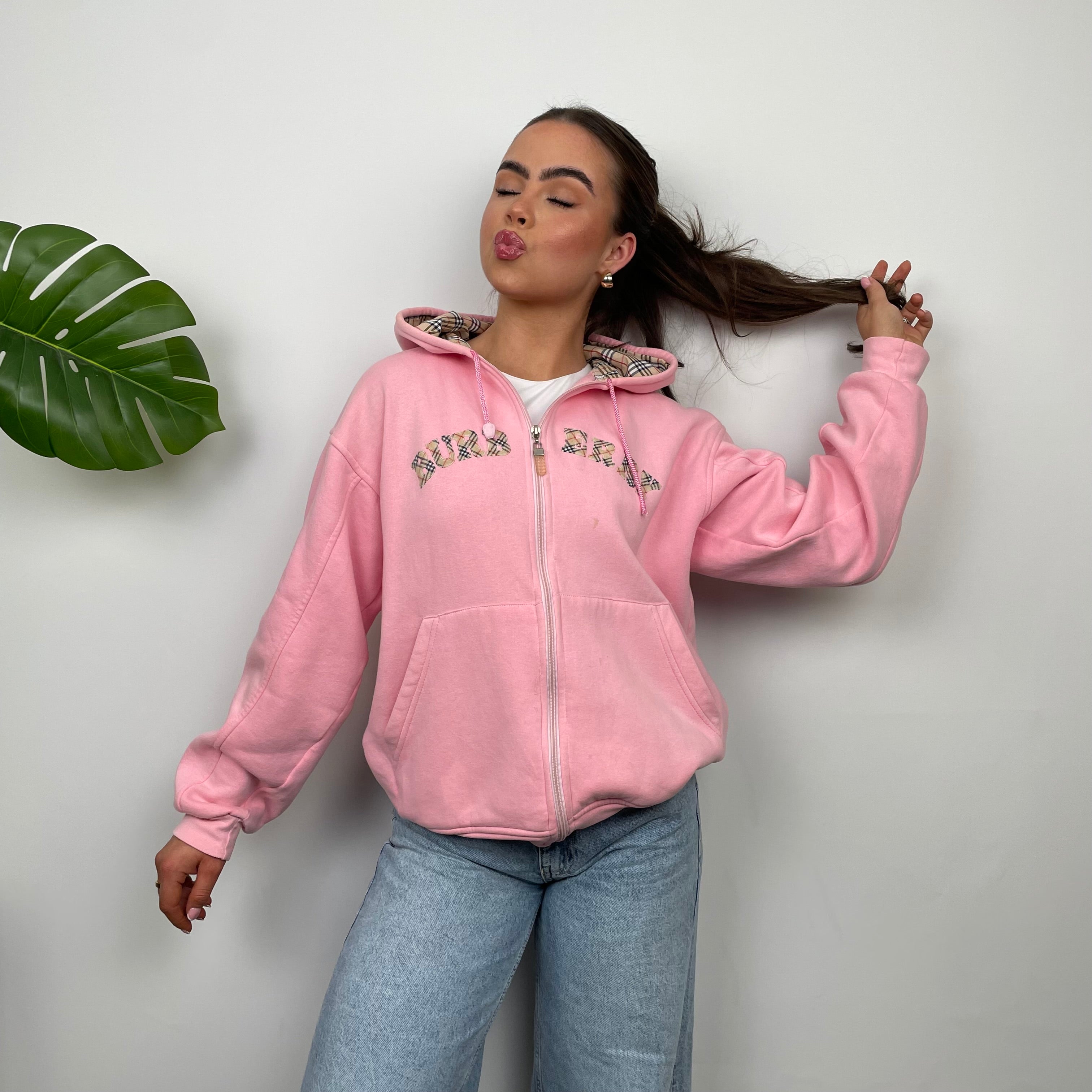 Burberry Pink Embroidered Logo Zip Up Sweatshirt (S)