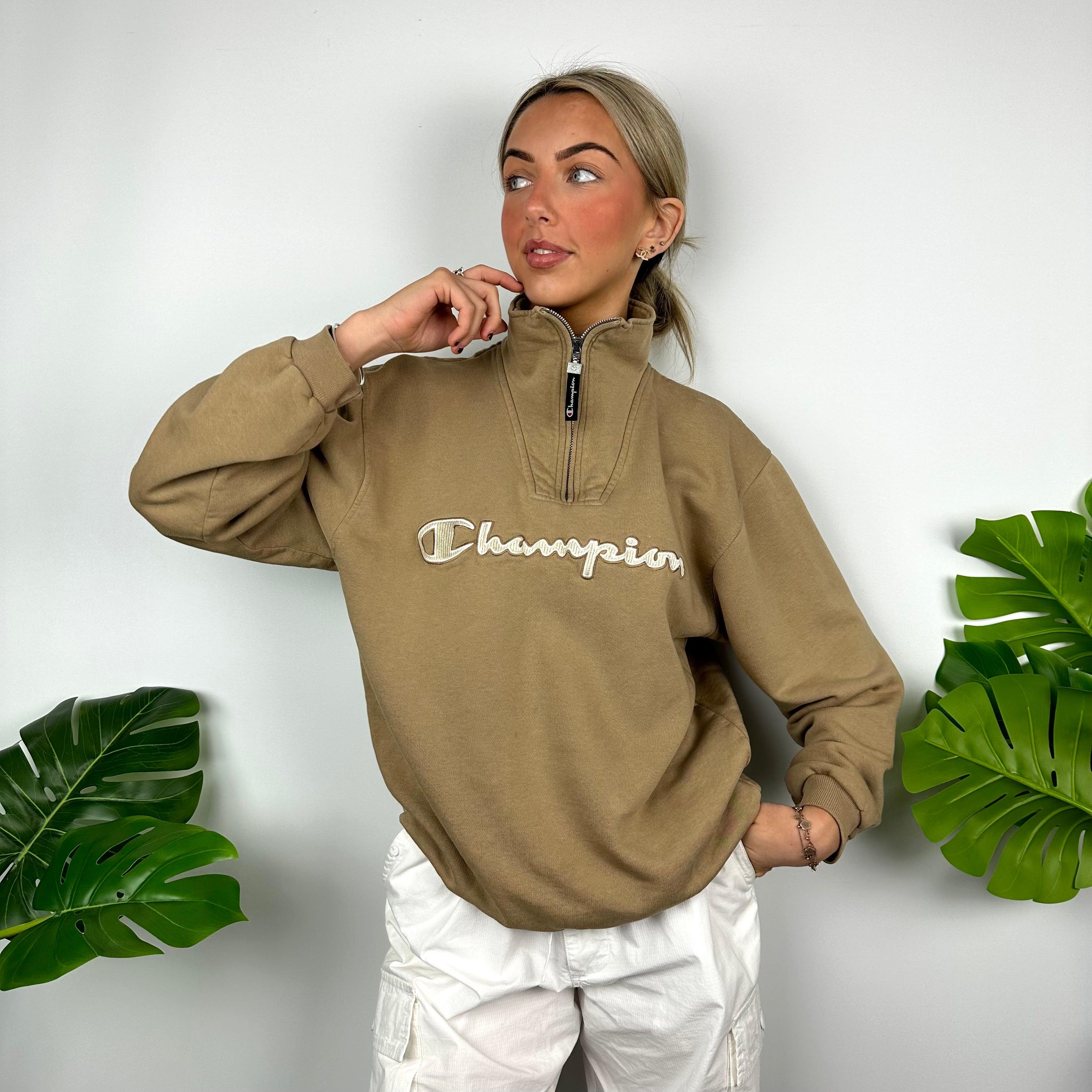 Champion Tan Embroidered Spell Out Quarter Zip Sweatshirt (M)