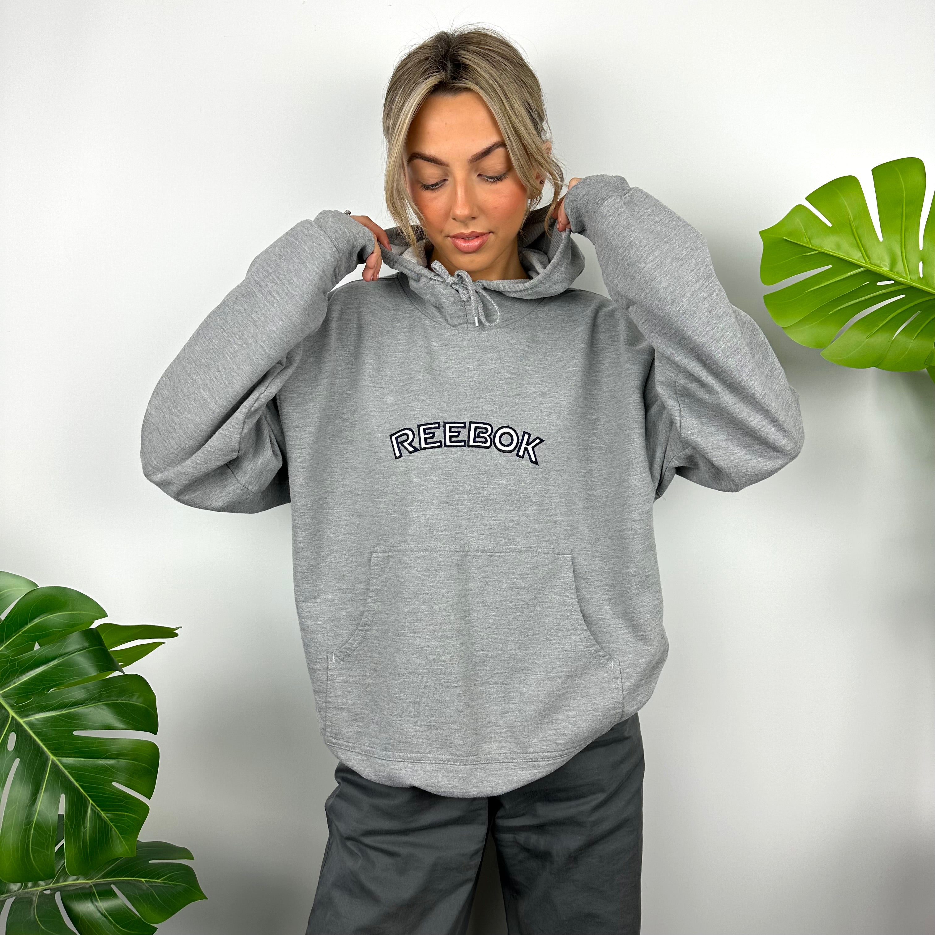Reebok Grey Embroidered Spell Out Hoodie (L)