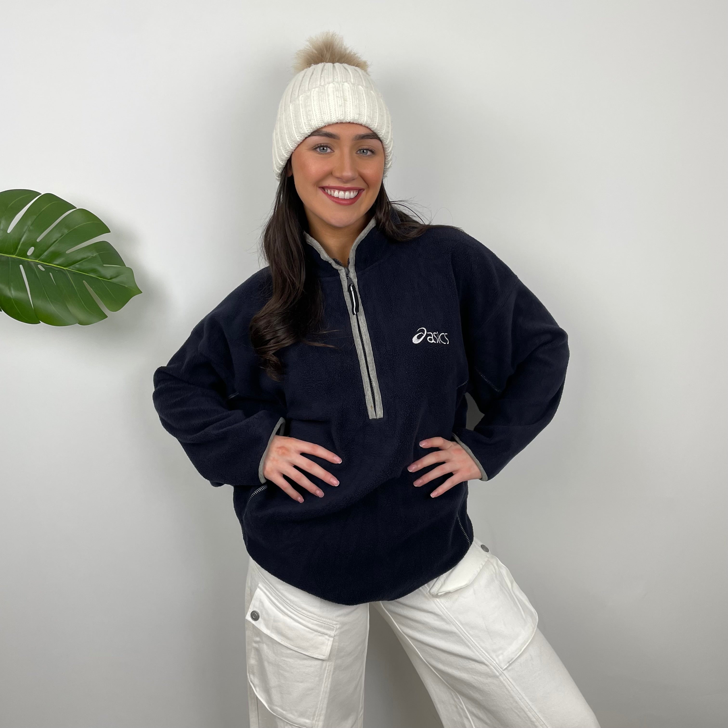 ASICS Navy Embroidered Spell Out Teddy Bear Fleece Quarter Zip Sweatshirt (XL)