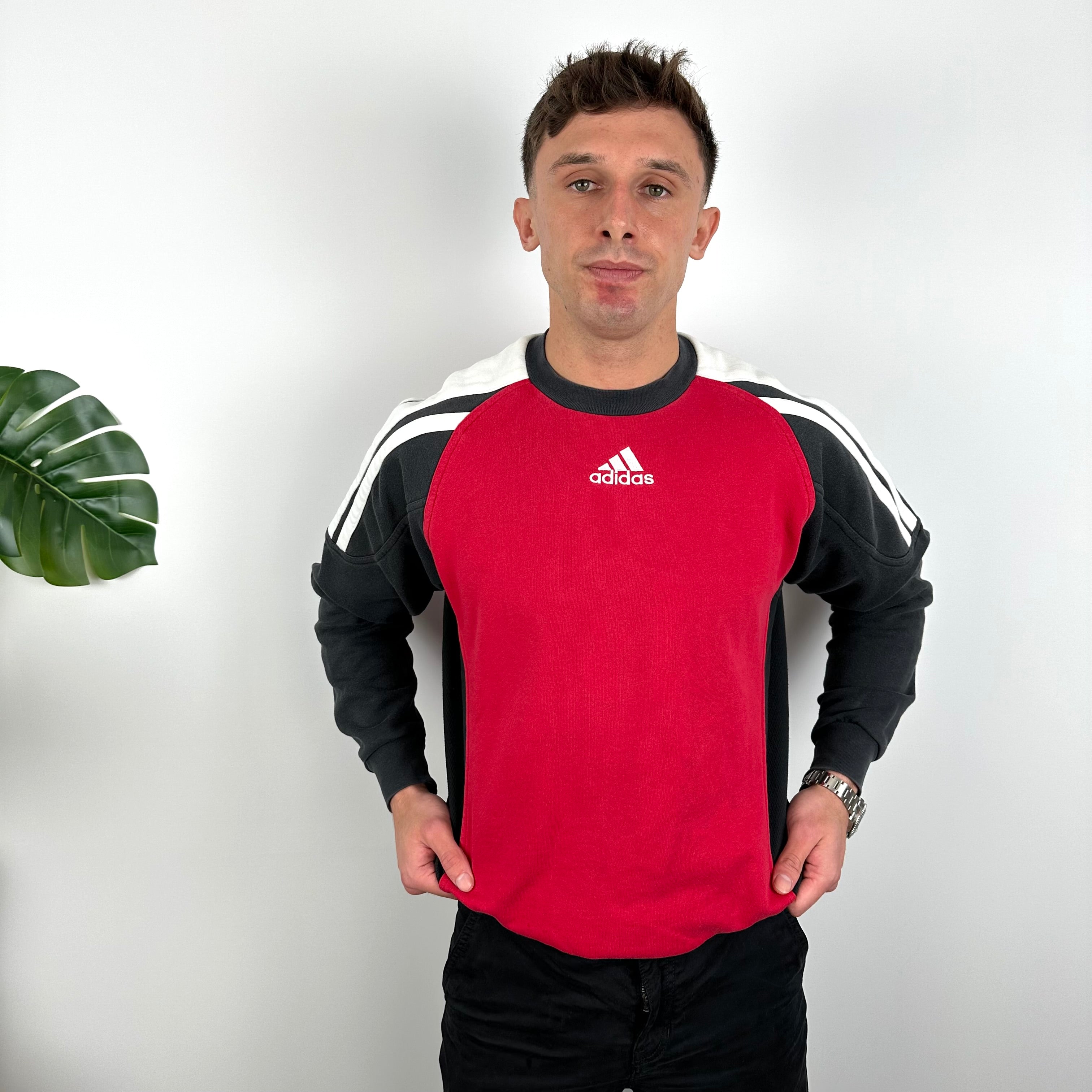 Adidas Red & Black Embroidered Spell Out Colour Block Sweatshirt (L)