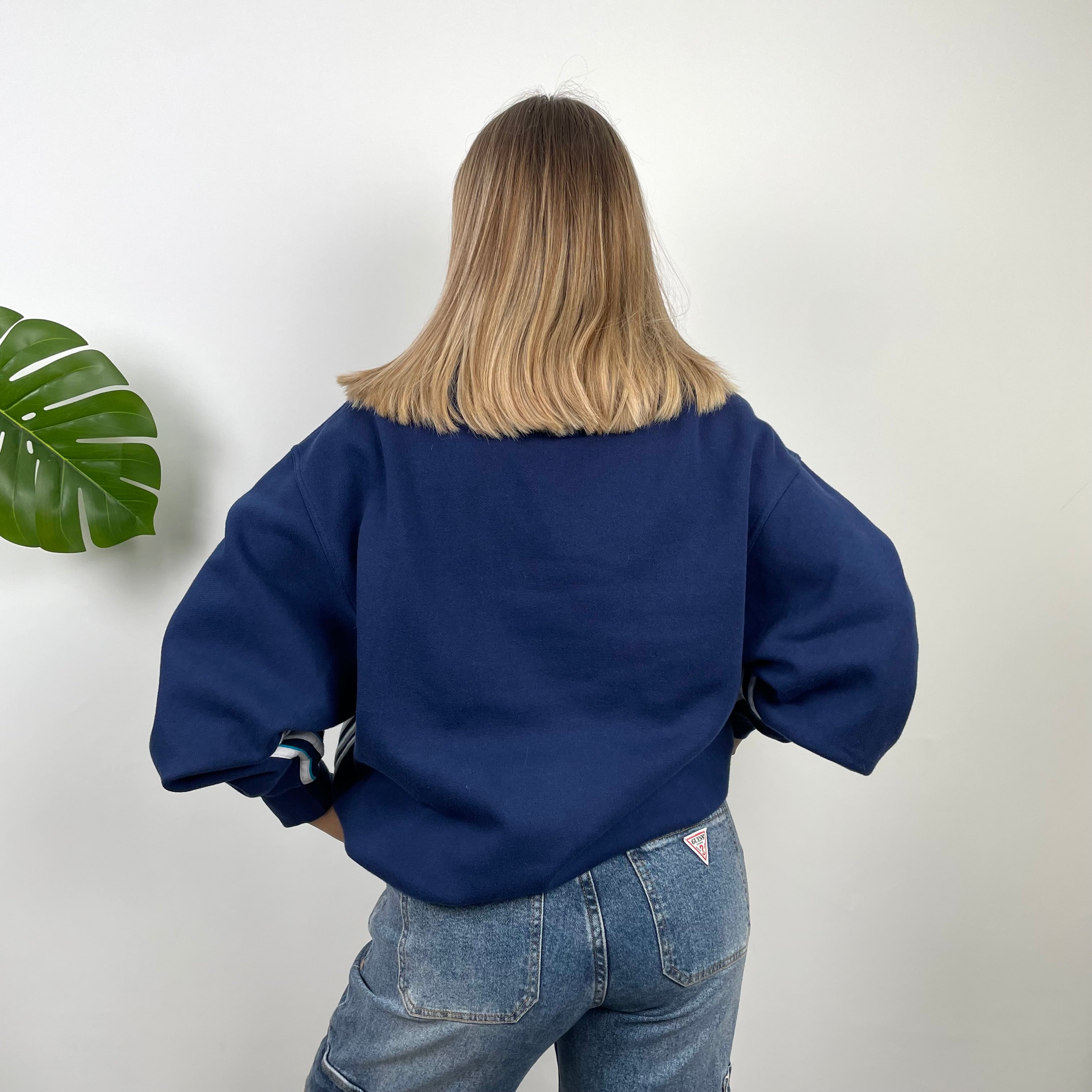 Adidas RARE Navy Embroidered Spell Out Teddy Bear Sherpa Fleece Hoodie (L)