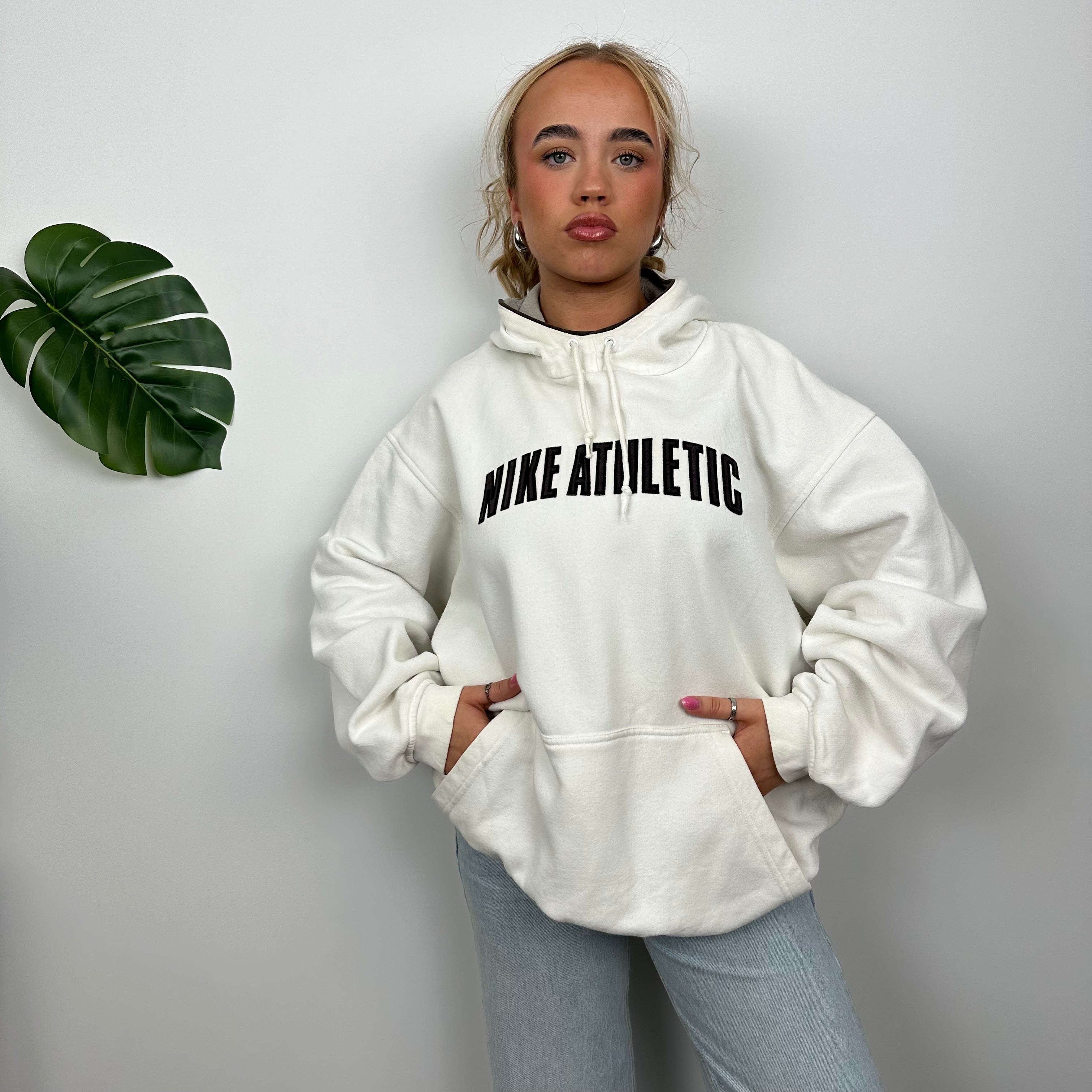 Nike Athletic White Embroidered Spell Out Hoodie (L)