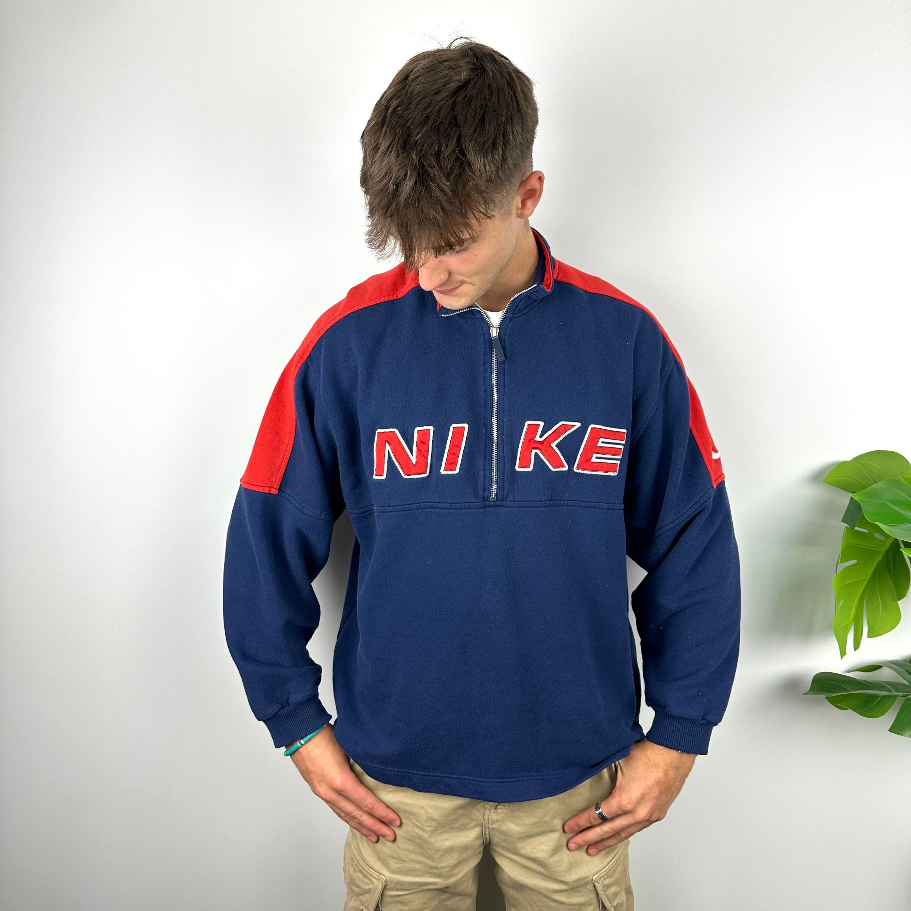 Nike Navy Embroidered Spell Out Quarter Zip Sweatshirt (XL)