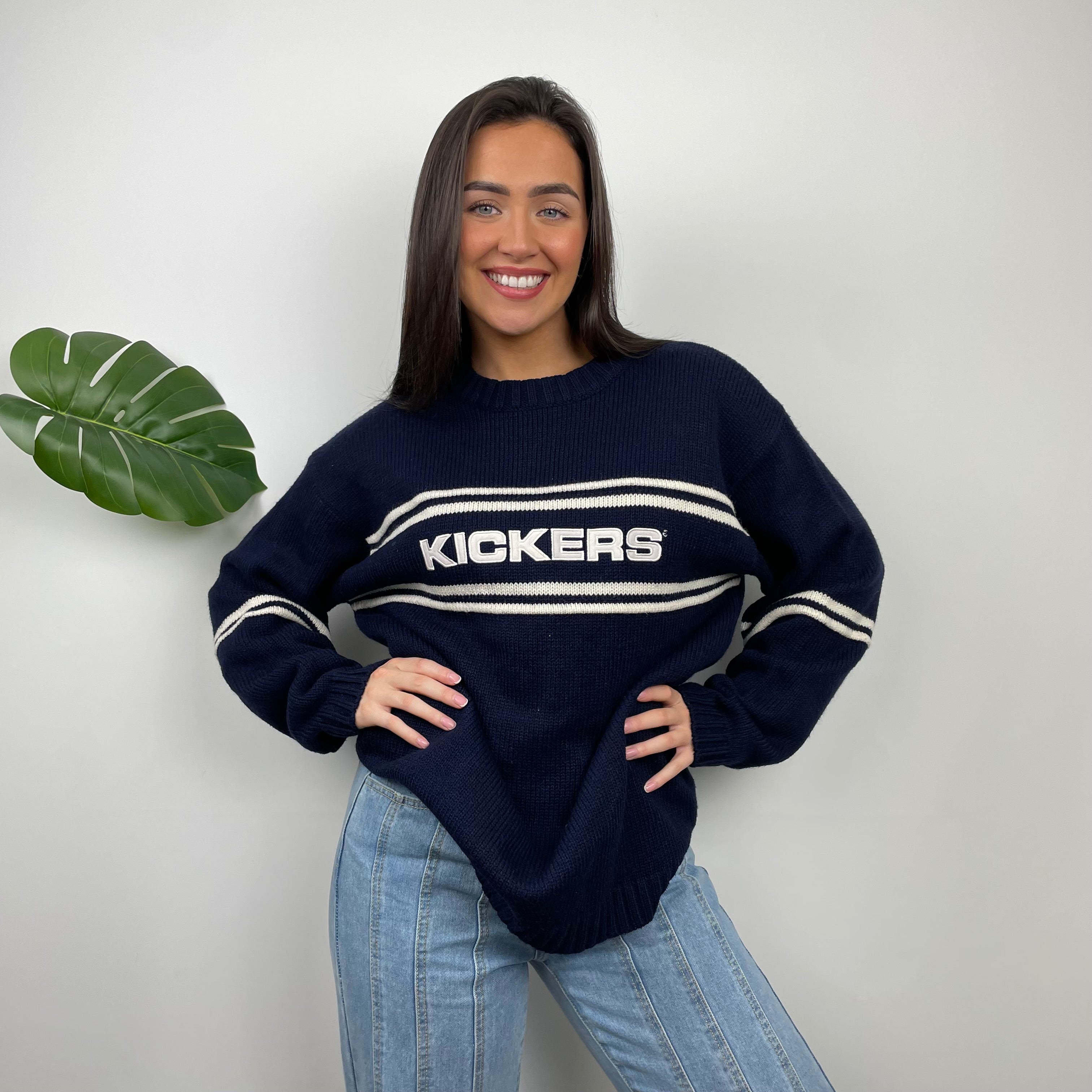 Kickers RARE Navy & Cream Embroidered Spell Out Knitted Sweater (L)