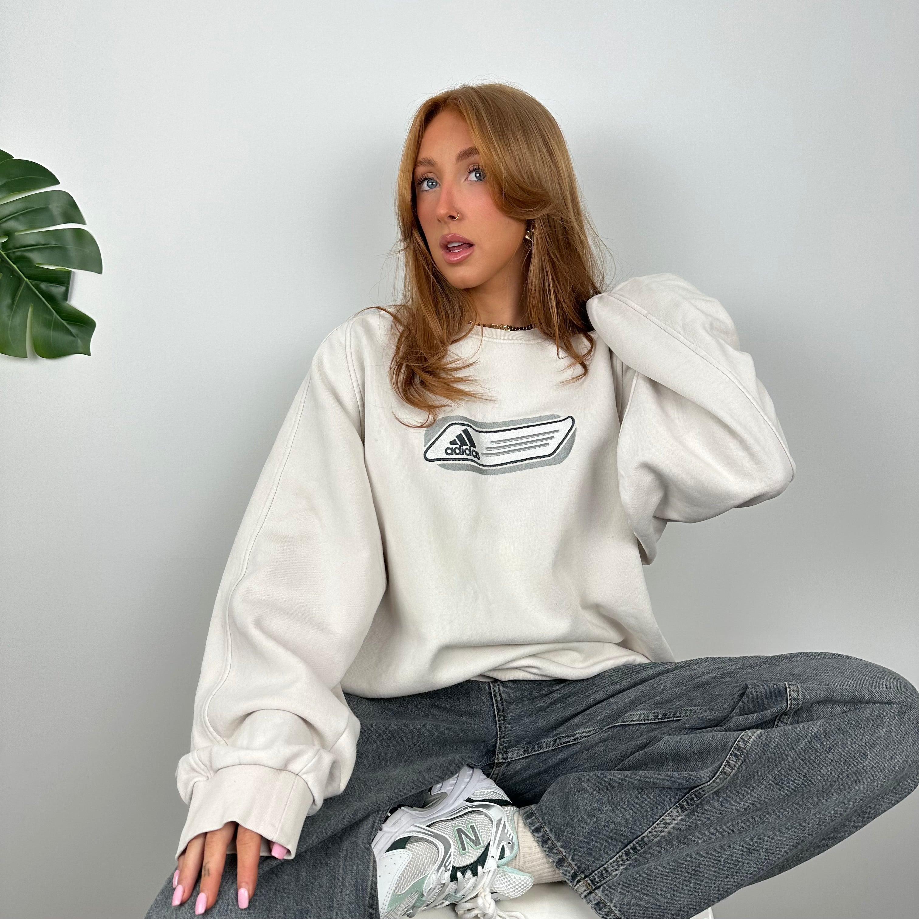 Adidas White Embroidered Spell Out Sweatshirt (L)