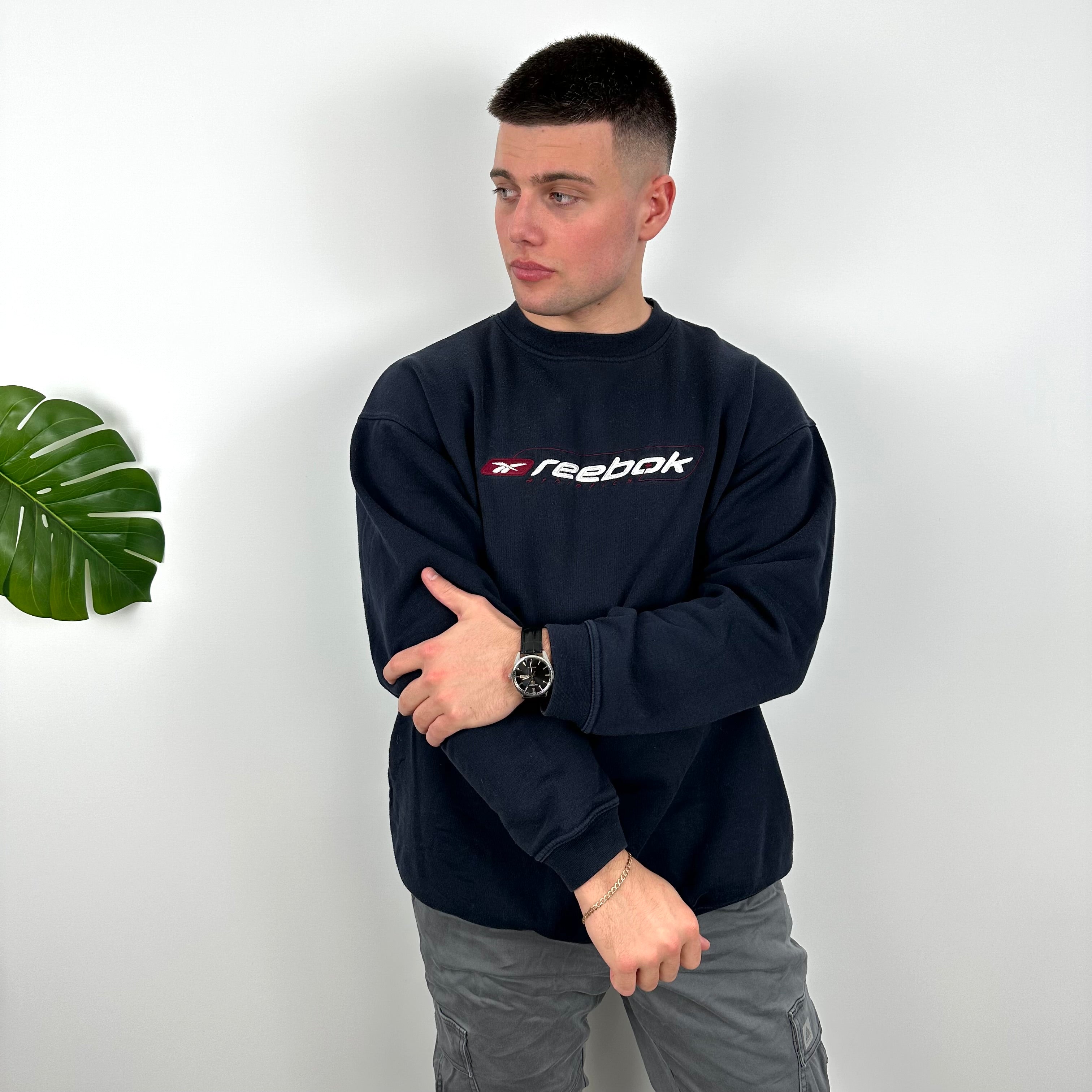 Reebok RARE Navy Embroidered Spell Out Sweatshirt (L)