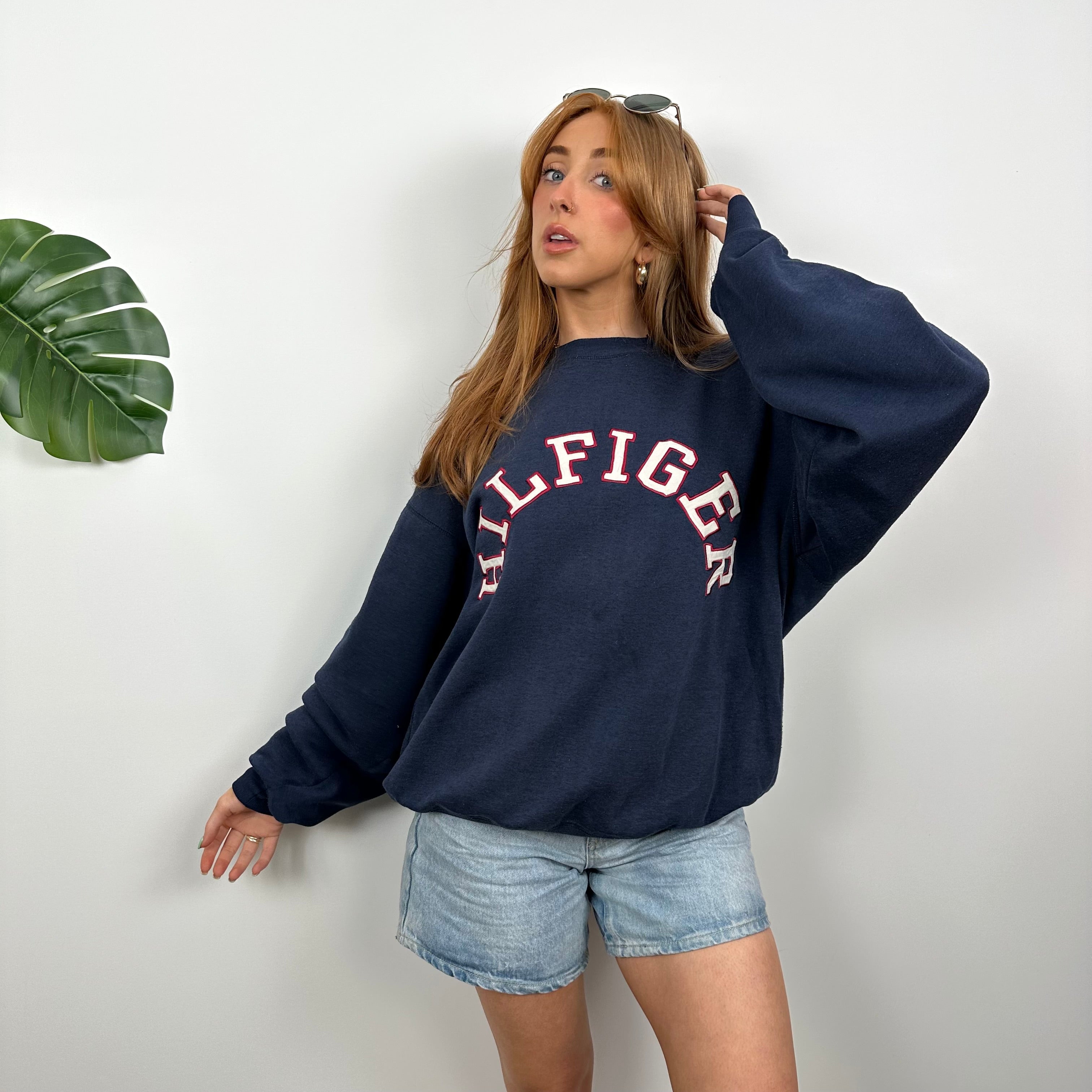 Tommy Hilfiger RARE Navy Embroidered Spell Out Sweatshirt (M)