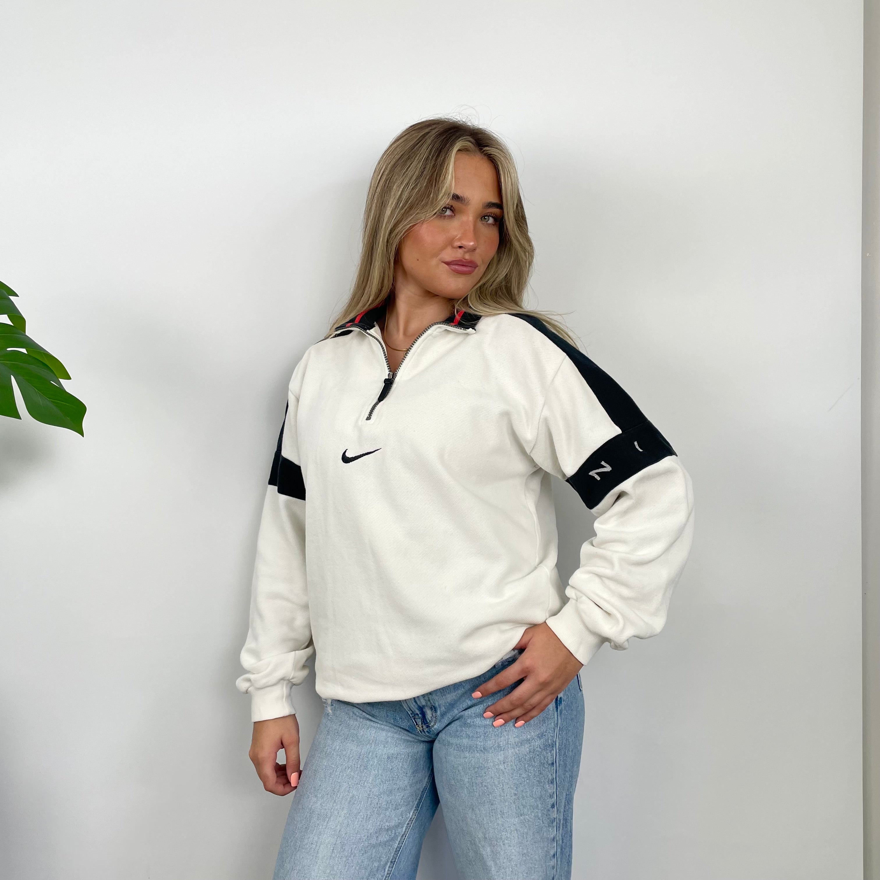 Nike RARE White Embroidered Spell Quarter Zip Sweatshirt (L)