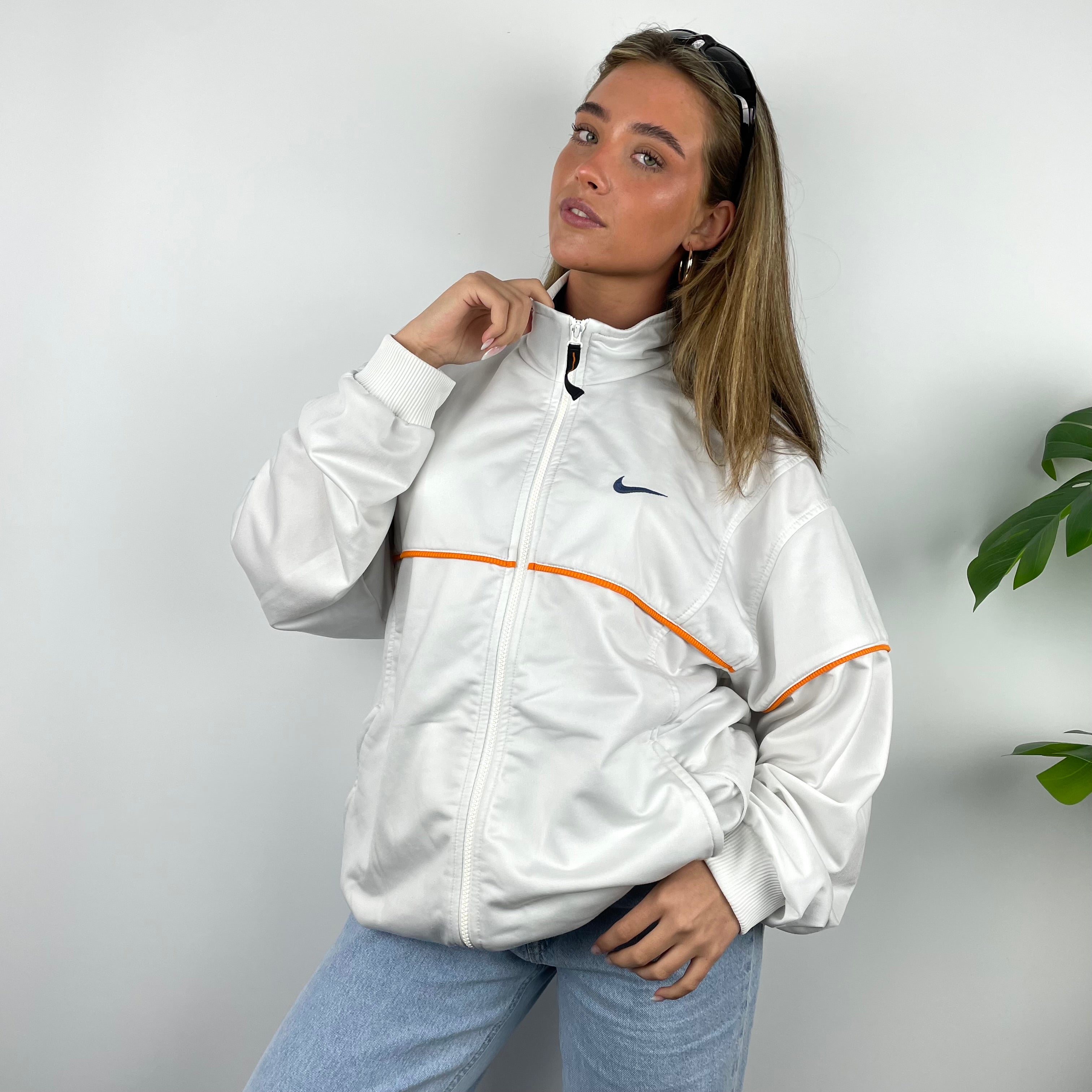Nike RARE White Embroidered Spell Out Zip Up Track Jacket (L)