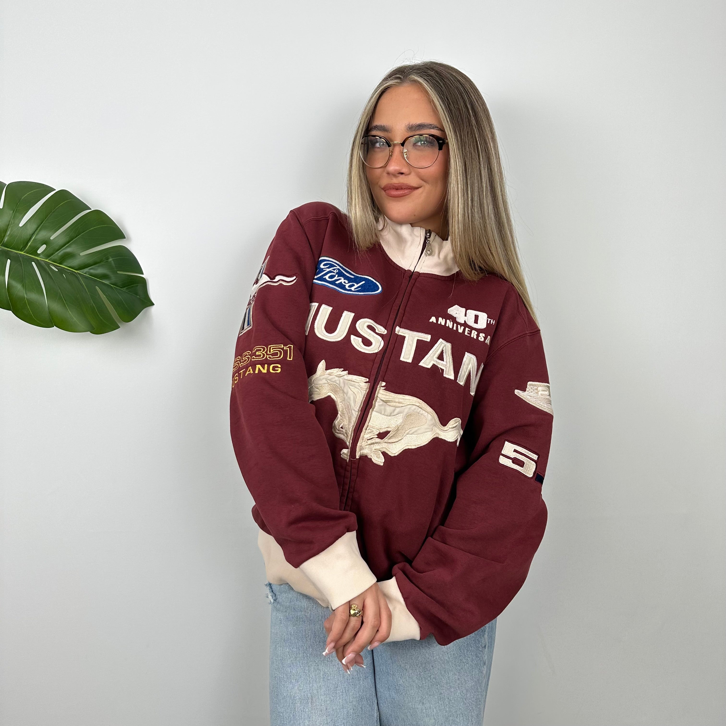 Ford Mustang Racing Maroon Embroidered Spell Out Zip Up Jacket (M)