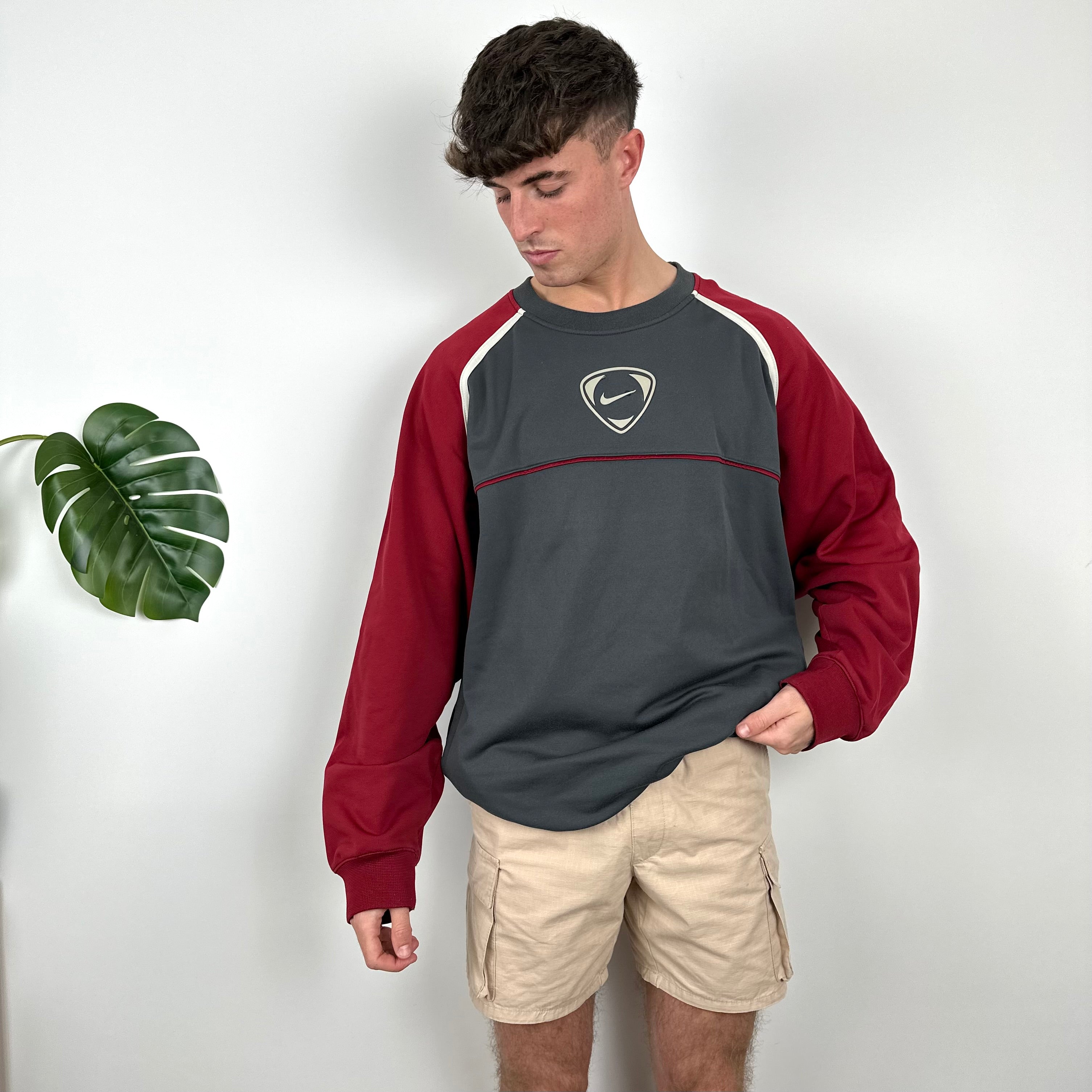 Nike Grey & Maroon Embroidered Swoosh Sweatshirt (XXL)