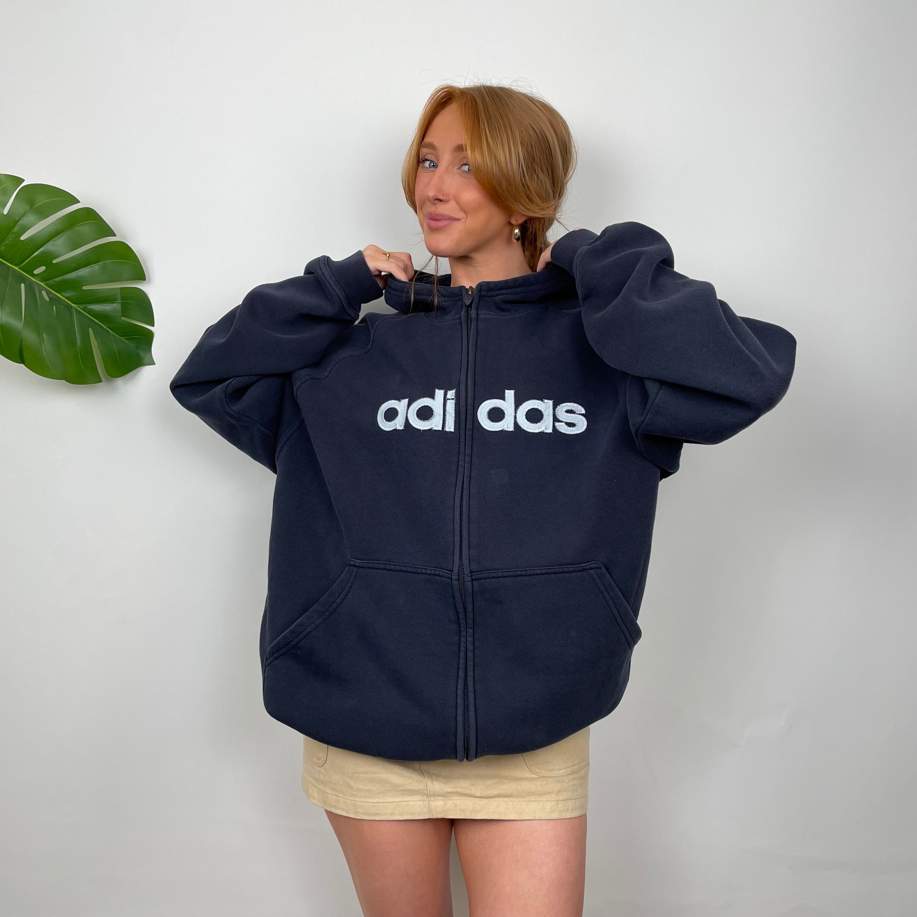 Adidas Navy Embroidered Spell Out Zip Up Hoodie Jacket (L)