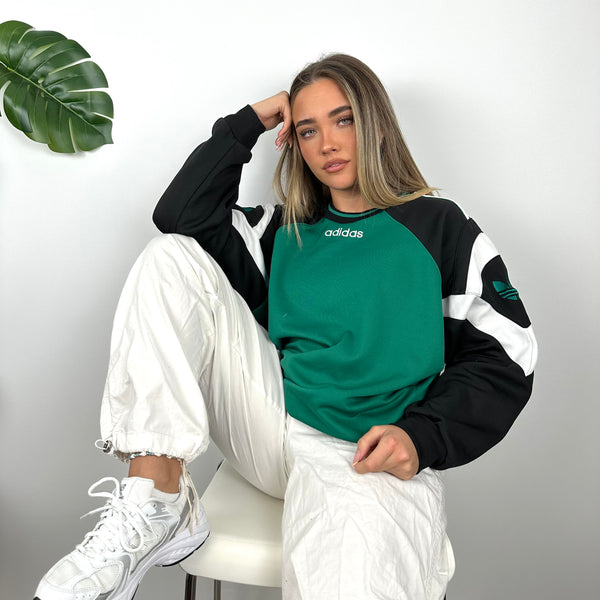 Adidas Black & Green Embroidered Spell Out Colour Block Sweatshirt (M)