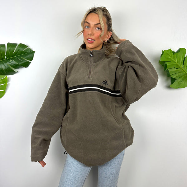 Adidas Brown Embroidered Spell Out Teddy Bear Fleece Quarter Zip Sweatshirt (L)