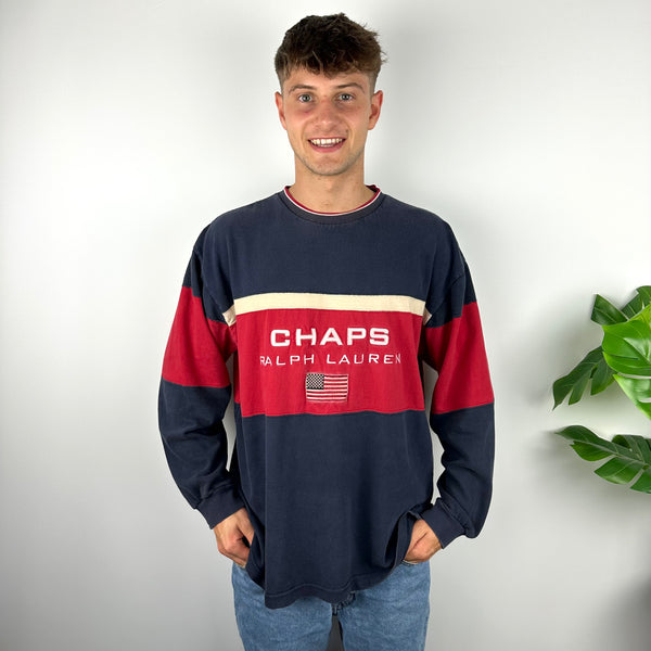 Chaps Ralph Lauren RARE Navy Embroidered Spell Out Sweatshirt (XL)
