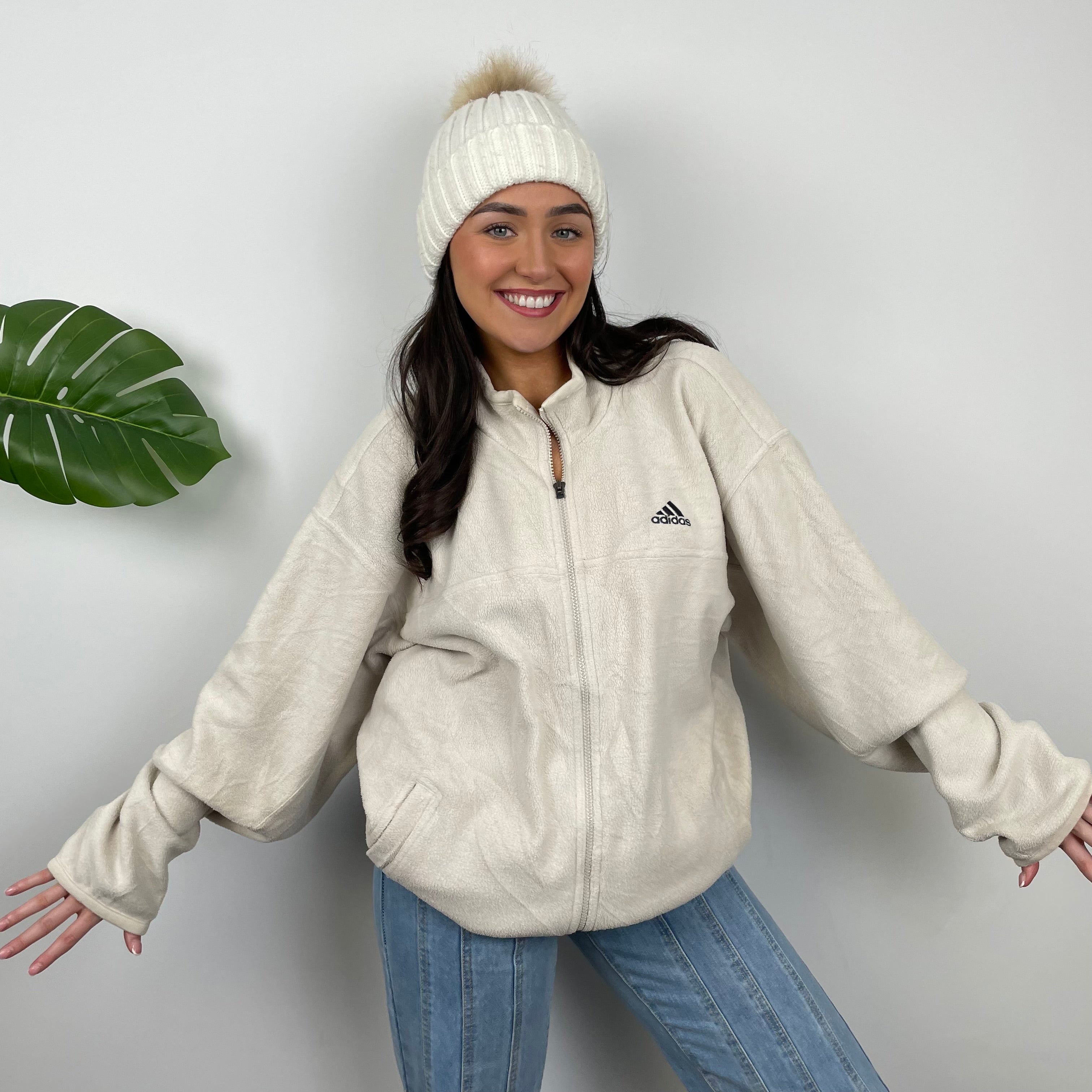 Adidas Cream Embroidered Spell Out Teddy Bear Fleece Zip Up Jacket (L)