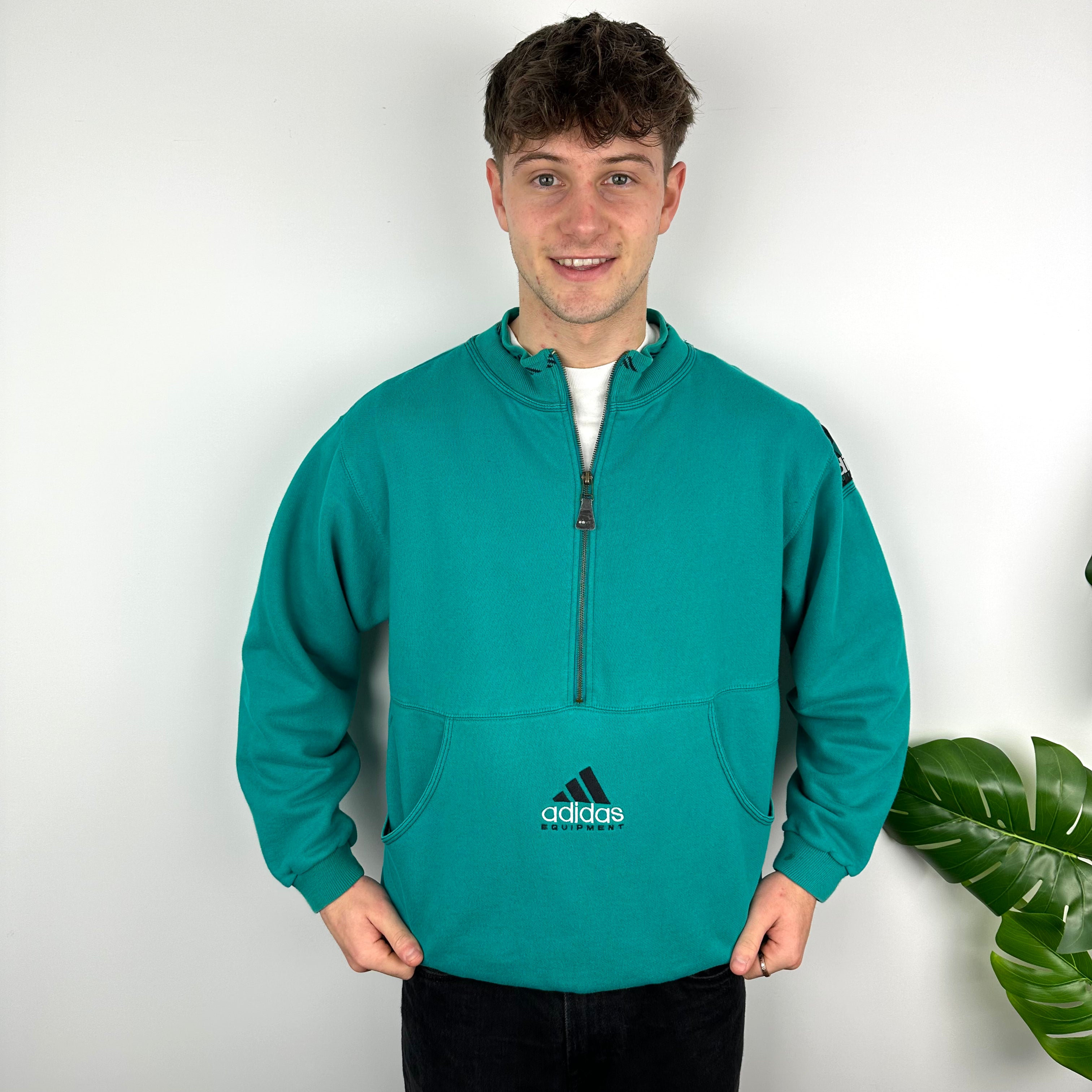 Adidas Equipment Turquoise Green Embroidered Spell Out Quarter Zip Sweatshirt (L)