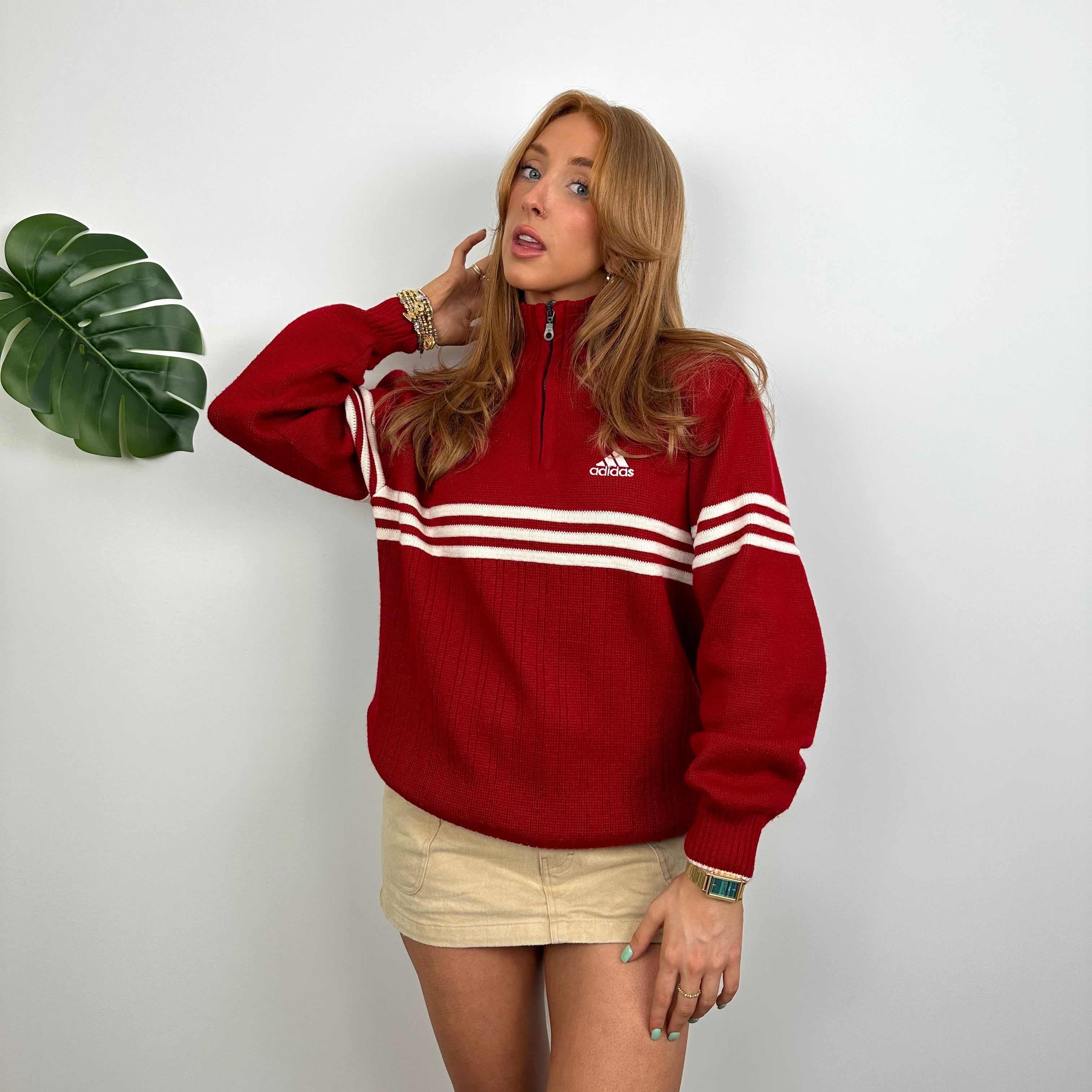 Adidas RARE Red Embroidered Logo Quarter Zip Knitted Sweater (S)