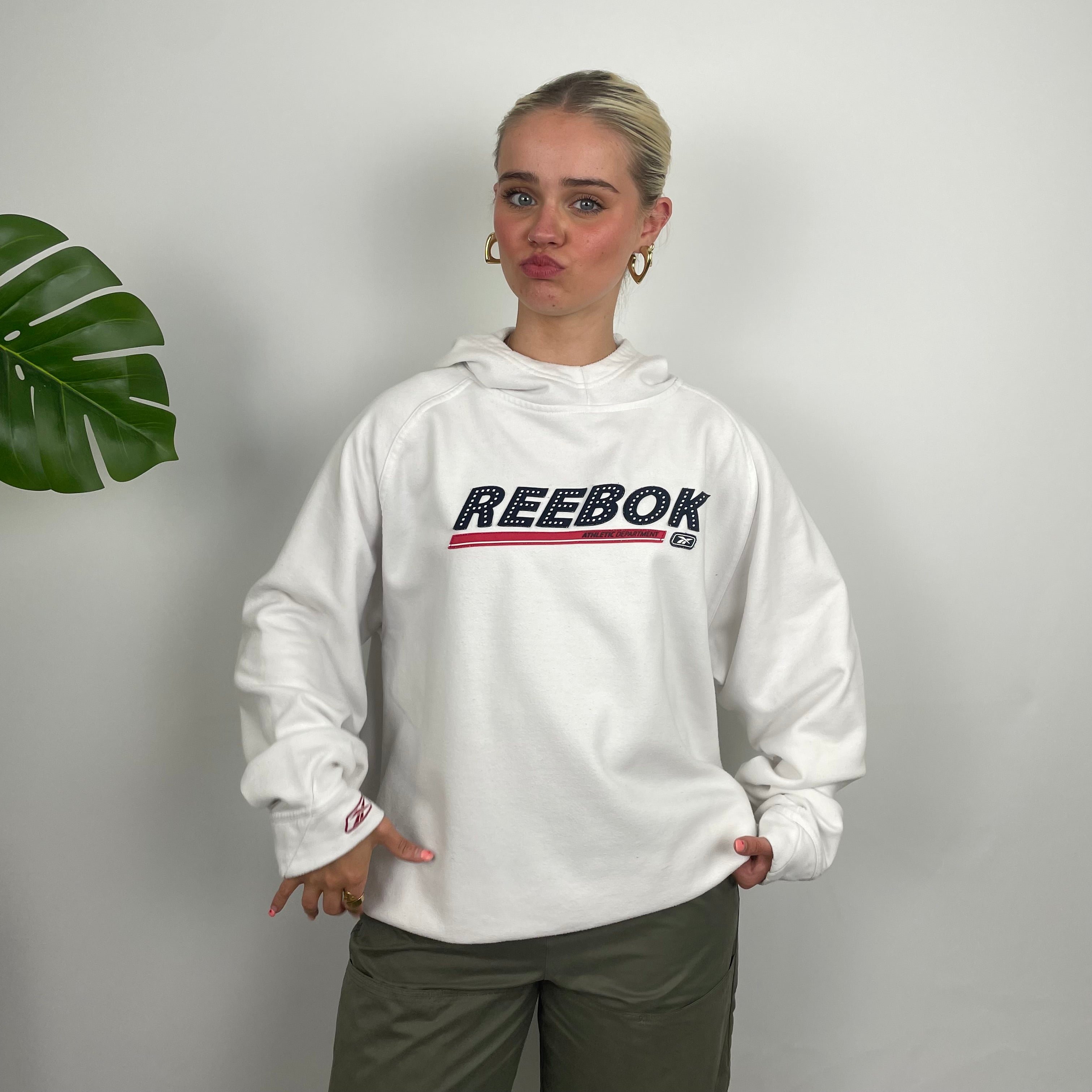 Reebok White Embroidered Spell Out Hoodie (M)