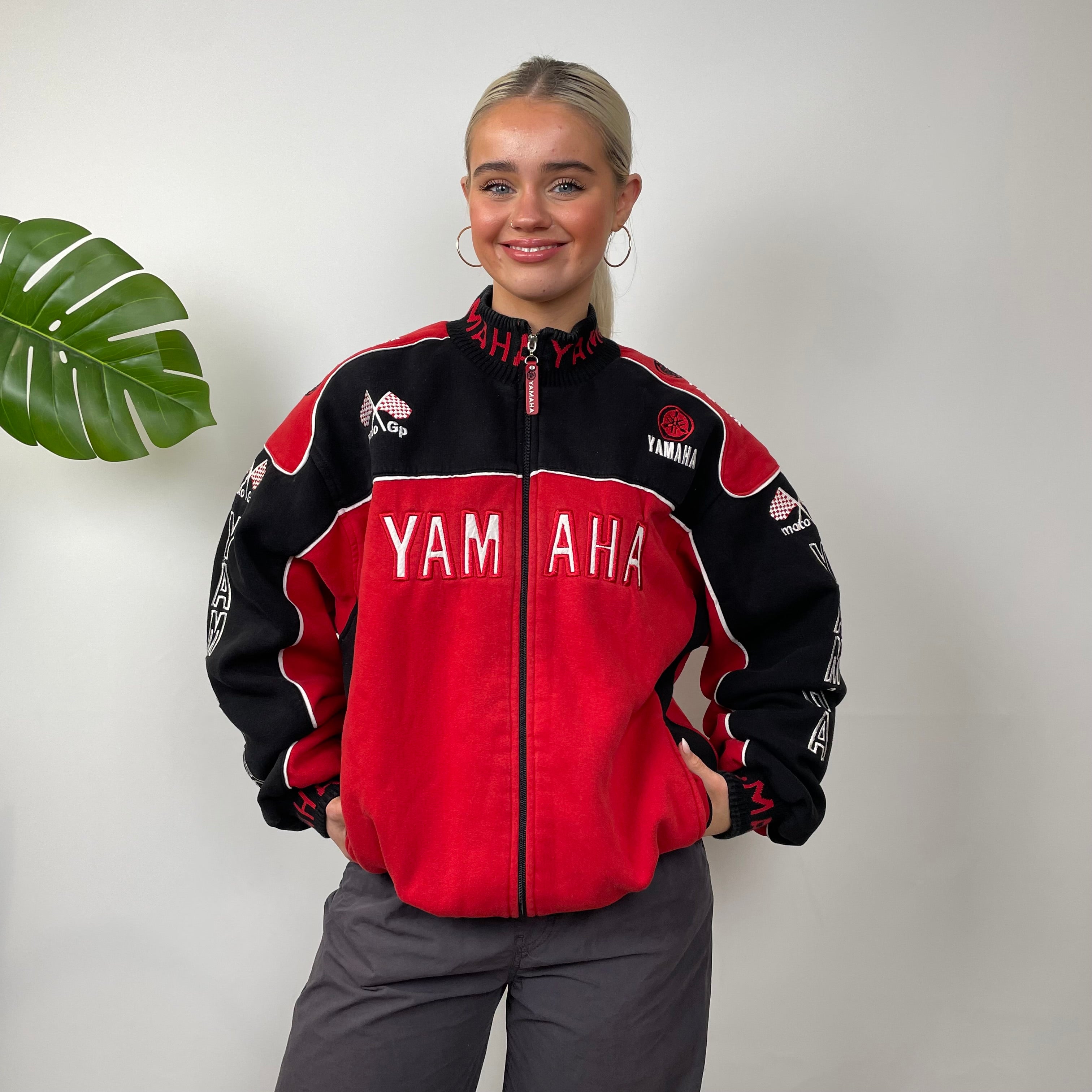 Yamaha Racing Team Red Embroidered Spell Out Zip Up Hoodie Jacket (L)