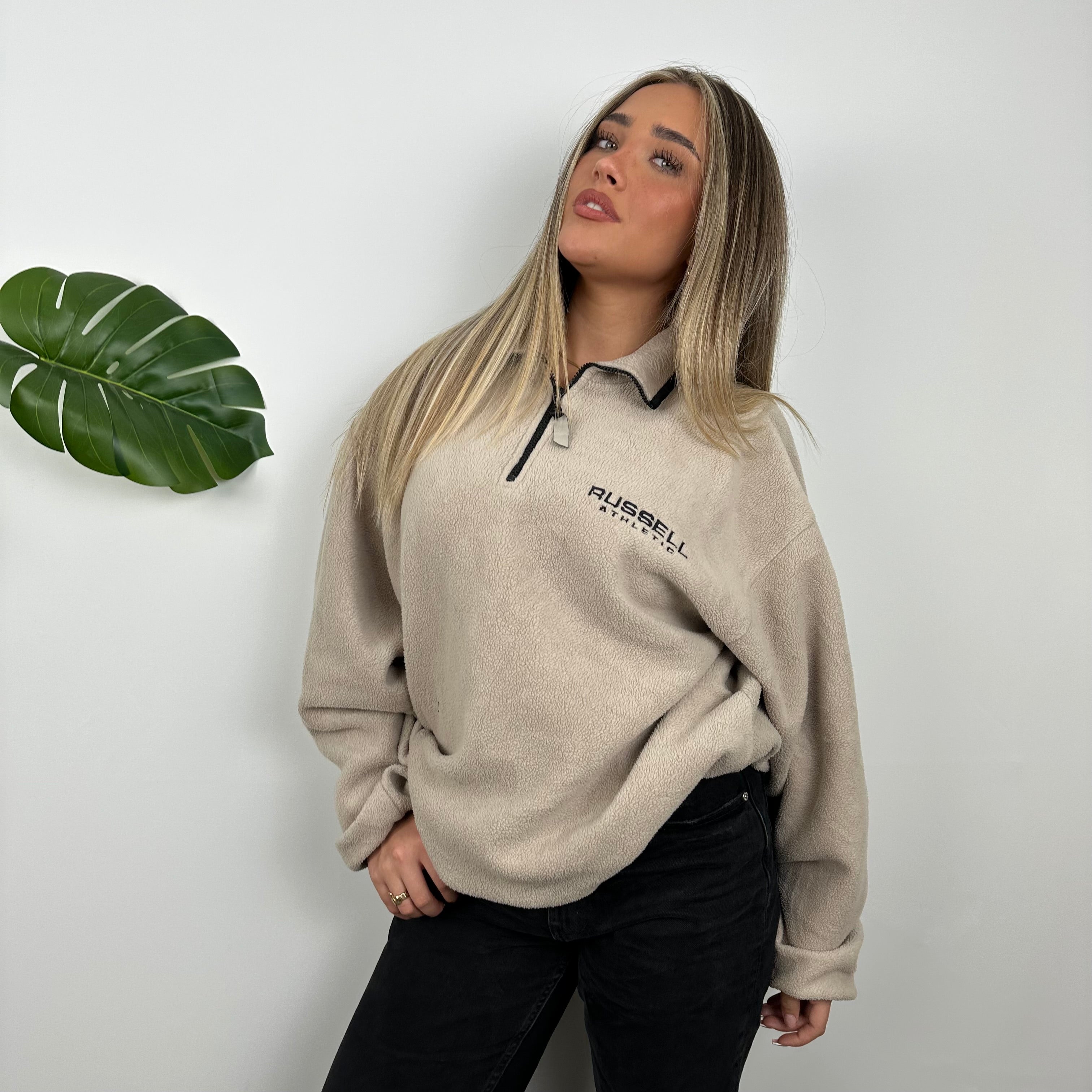 Russell Athletic Cream Embroidered Spell Out Fleece Quarter Zip (L)