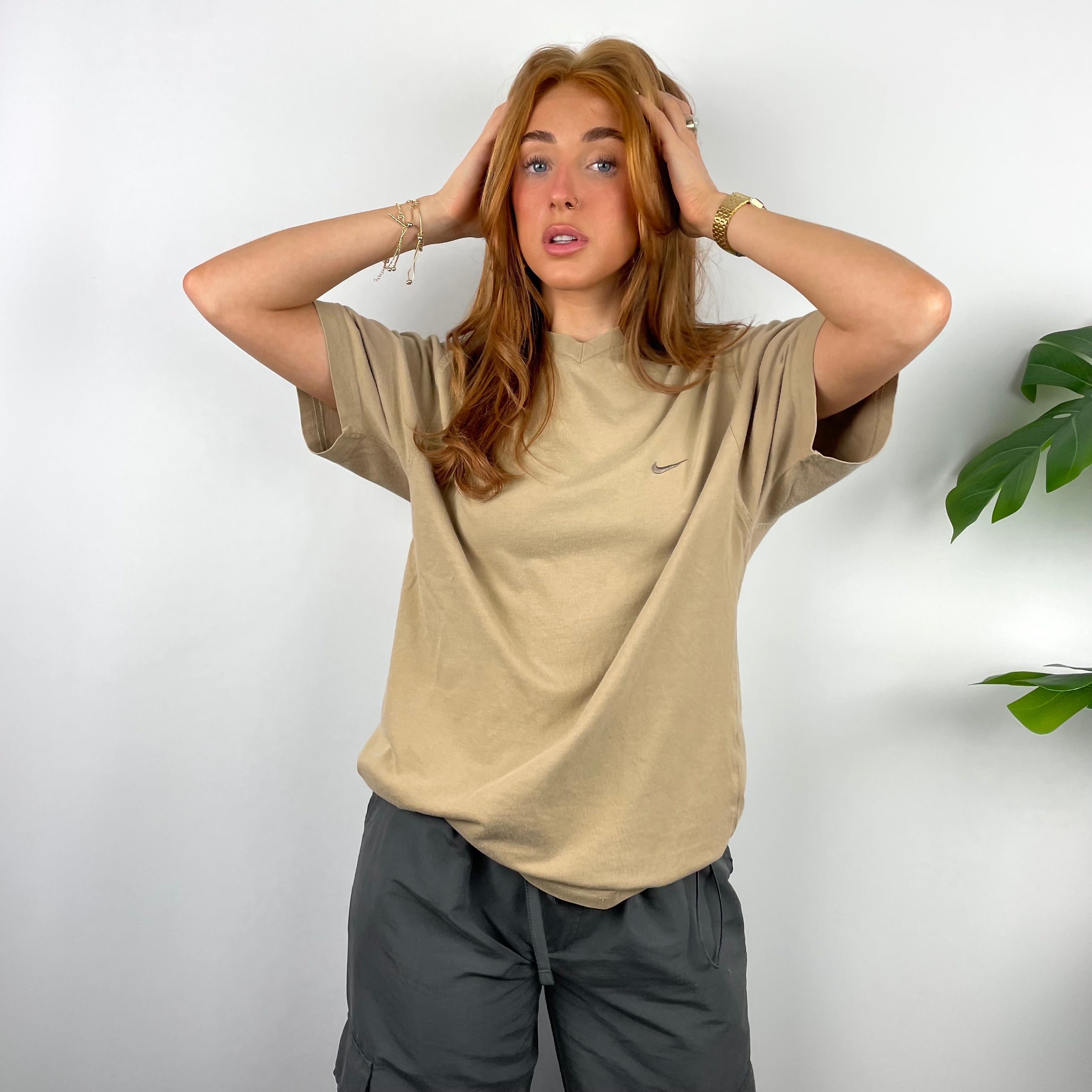 Nike Tan Brown Embroidered Swoosh T Shirt (M)