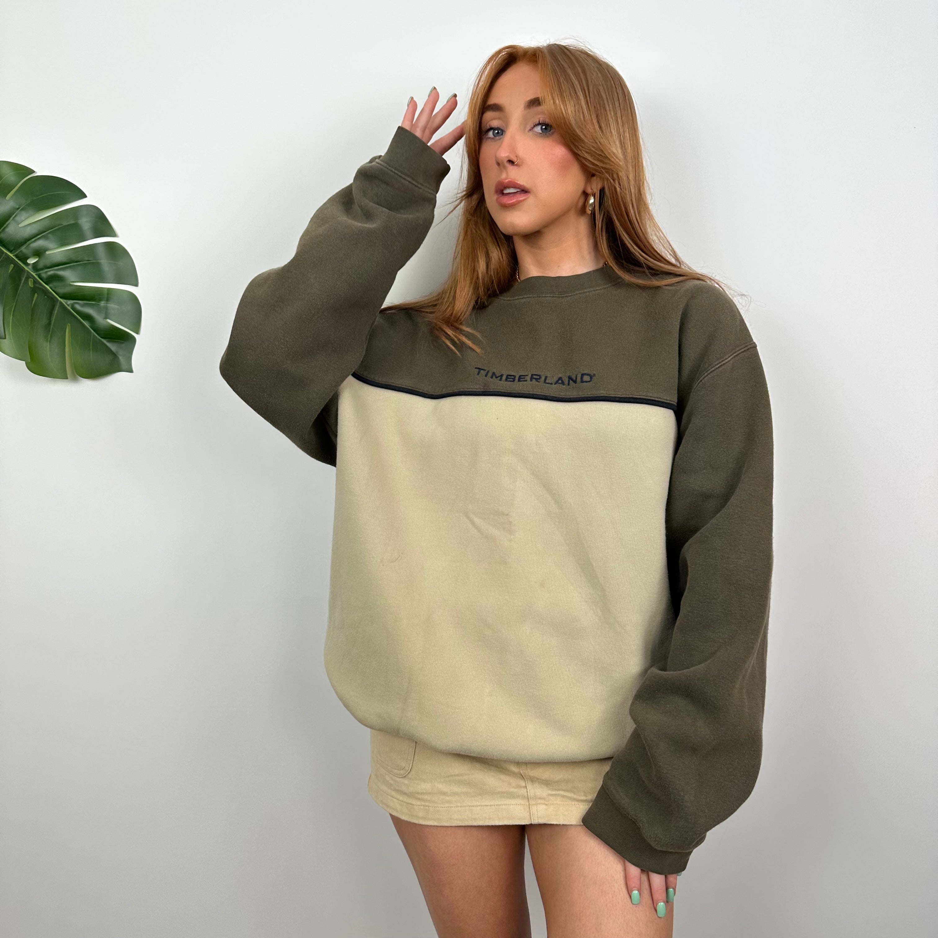 Timberland RARE Khaki and Tan Embroidered Spell Out Sweatshirt (L)