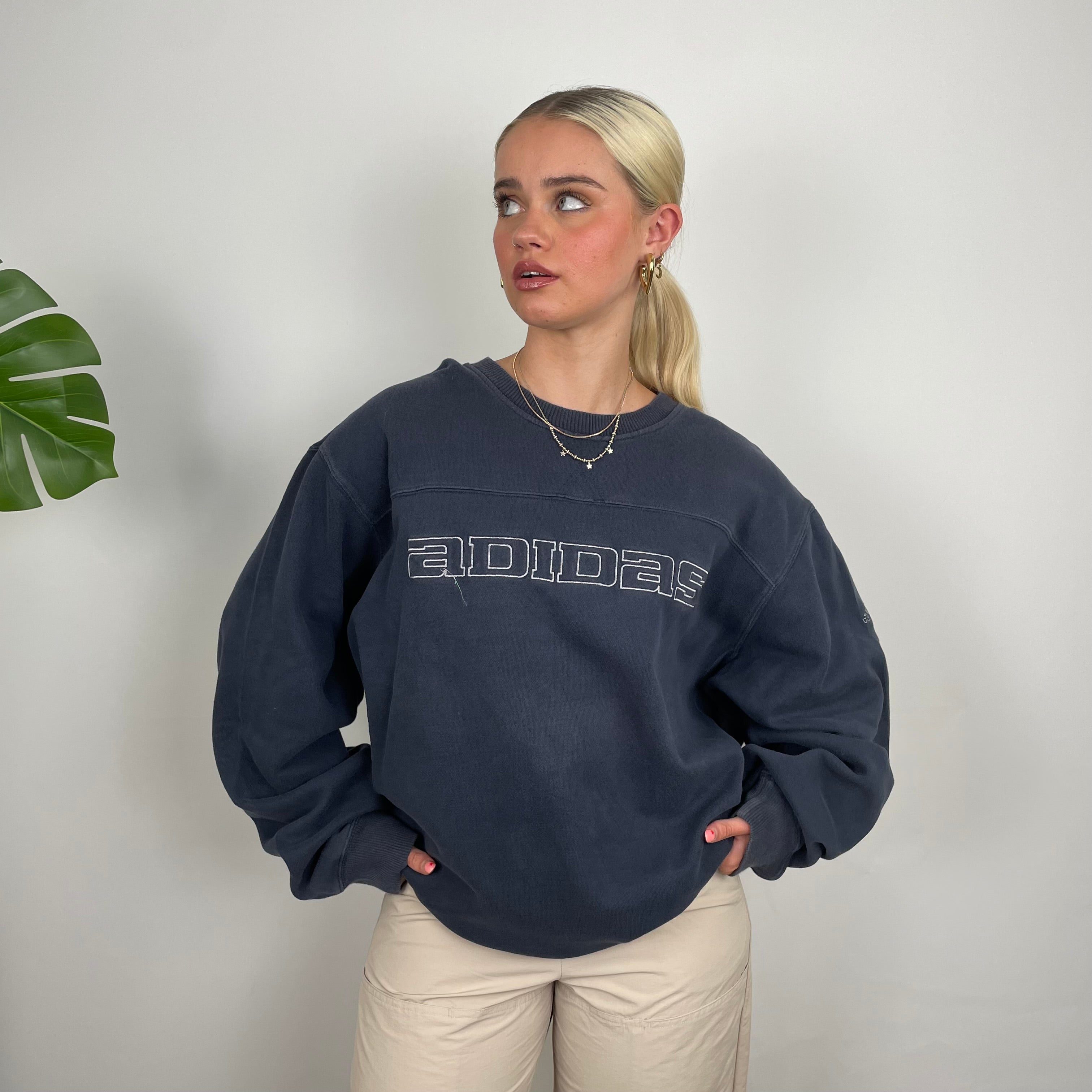 Adidas Navy Embroidered Spell Out Sweatshirt (XL)