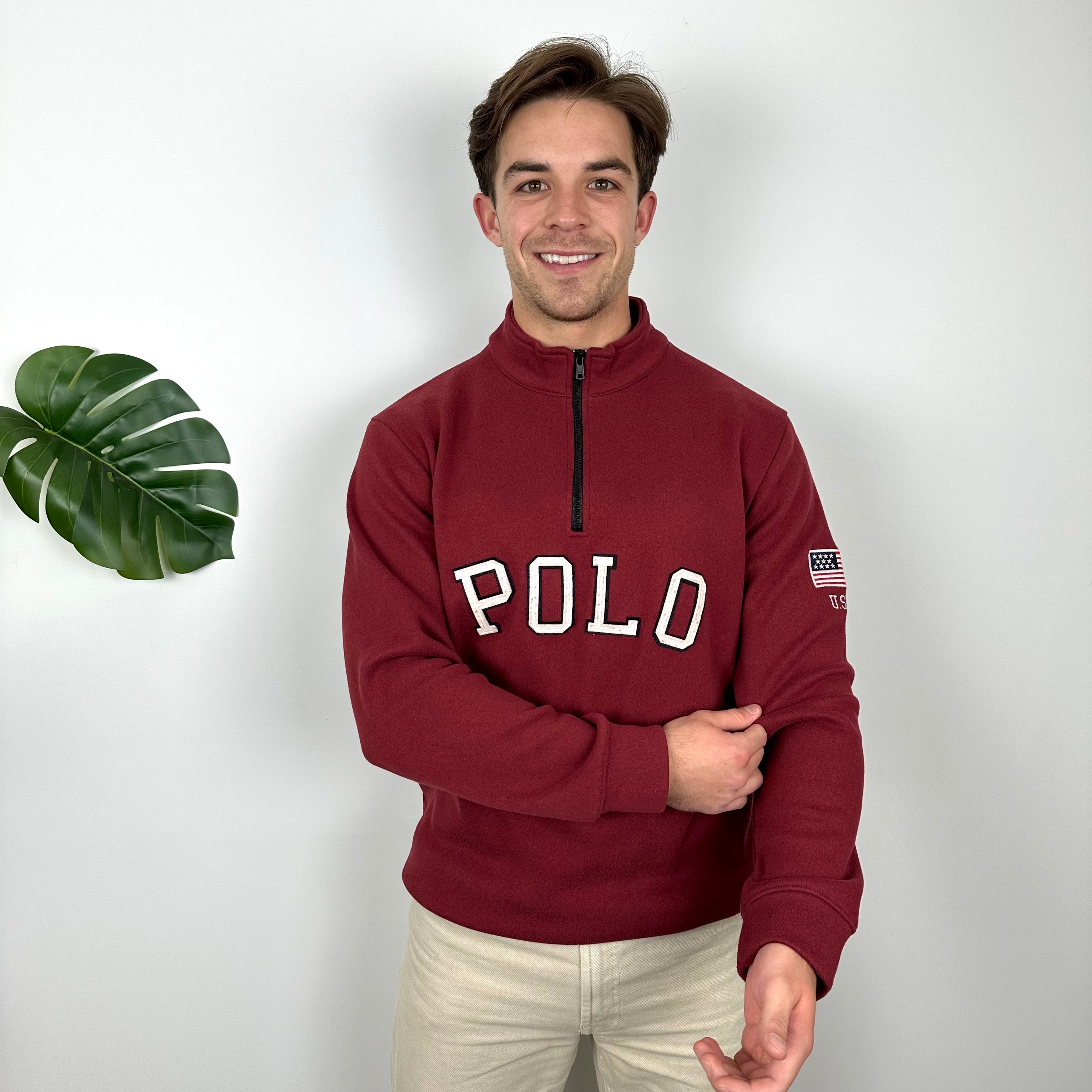 Polo Ralph Lauren Maroon Embroidered Spell Out Fleece Quarter Zip (L)