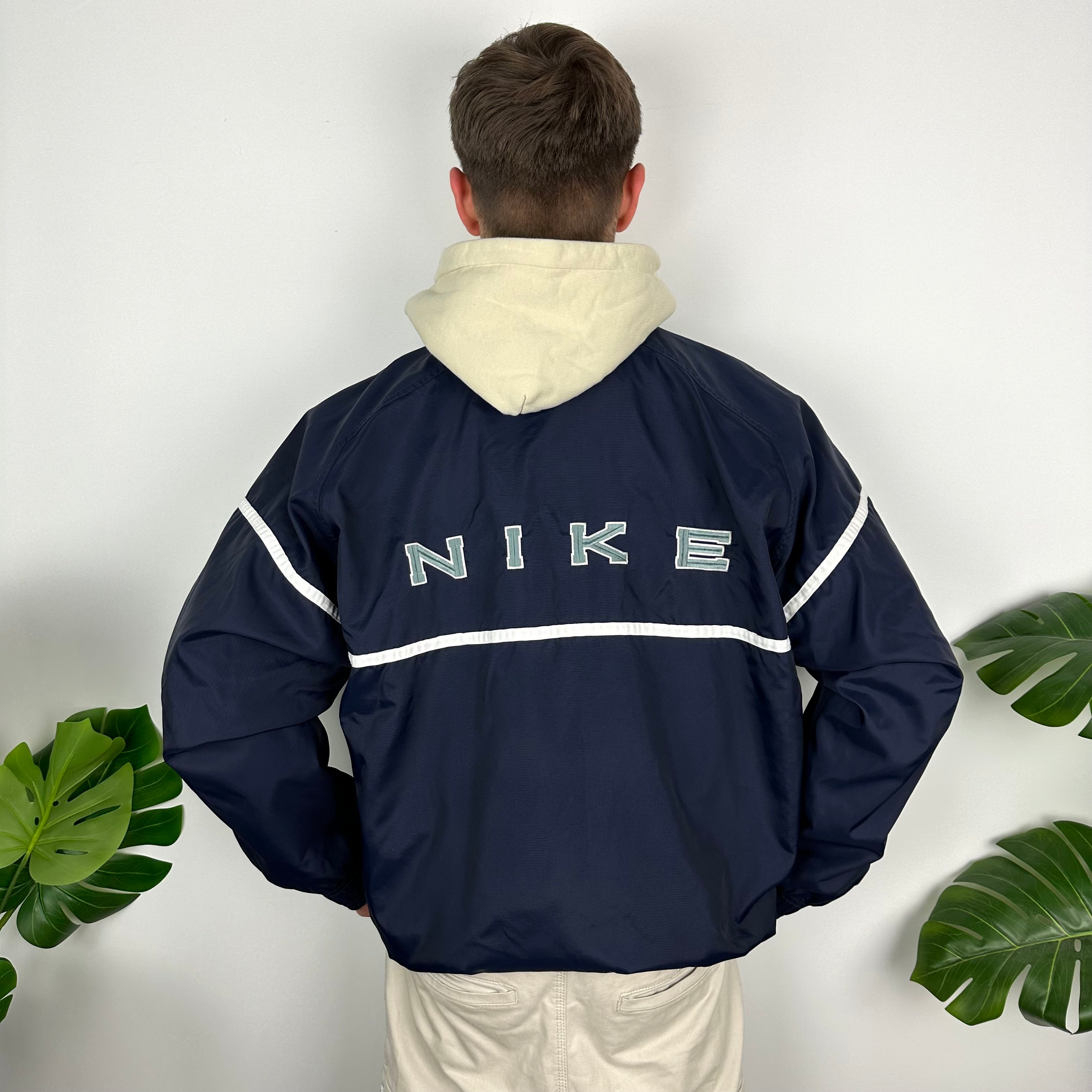 Nike Navy Embroidered Spell Out Quarter Zip Windbreaker Jacket (L)