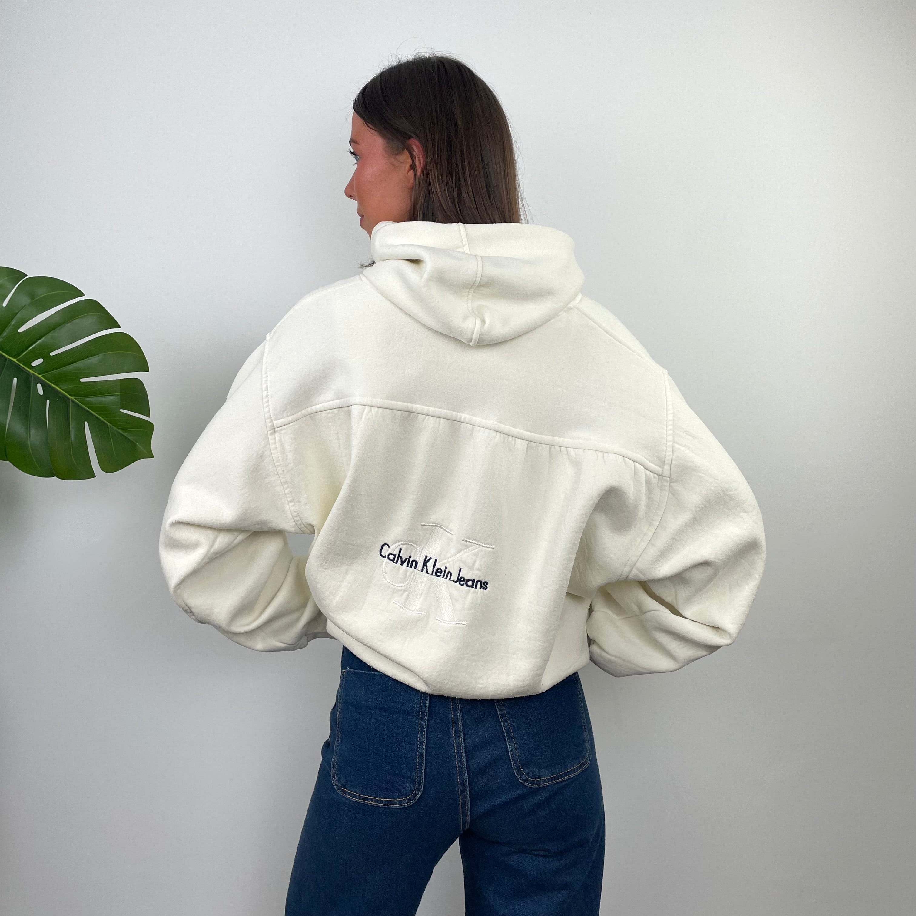 Calvin Klein Buttermilk Lemon Embroidered Spell Out Zip Up Hoodie (L)