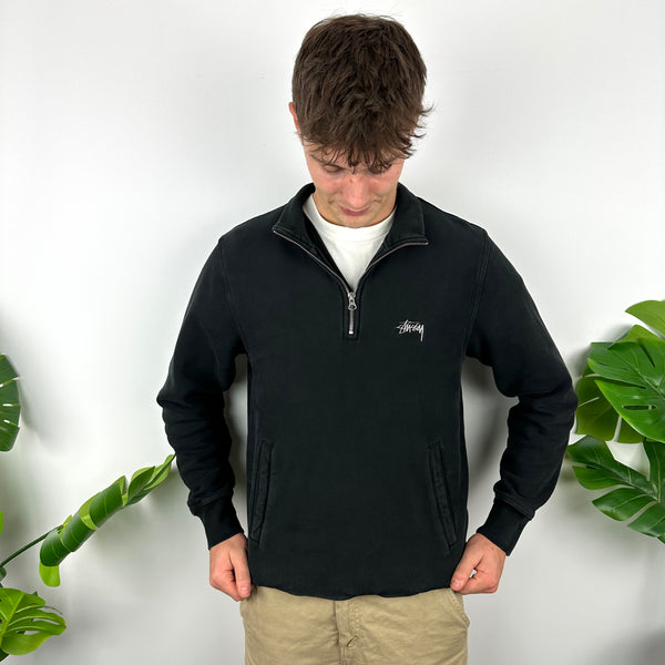 Stussy Black Embroidered Spell Out Quarter Zip Sweatshirt (M)