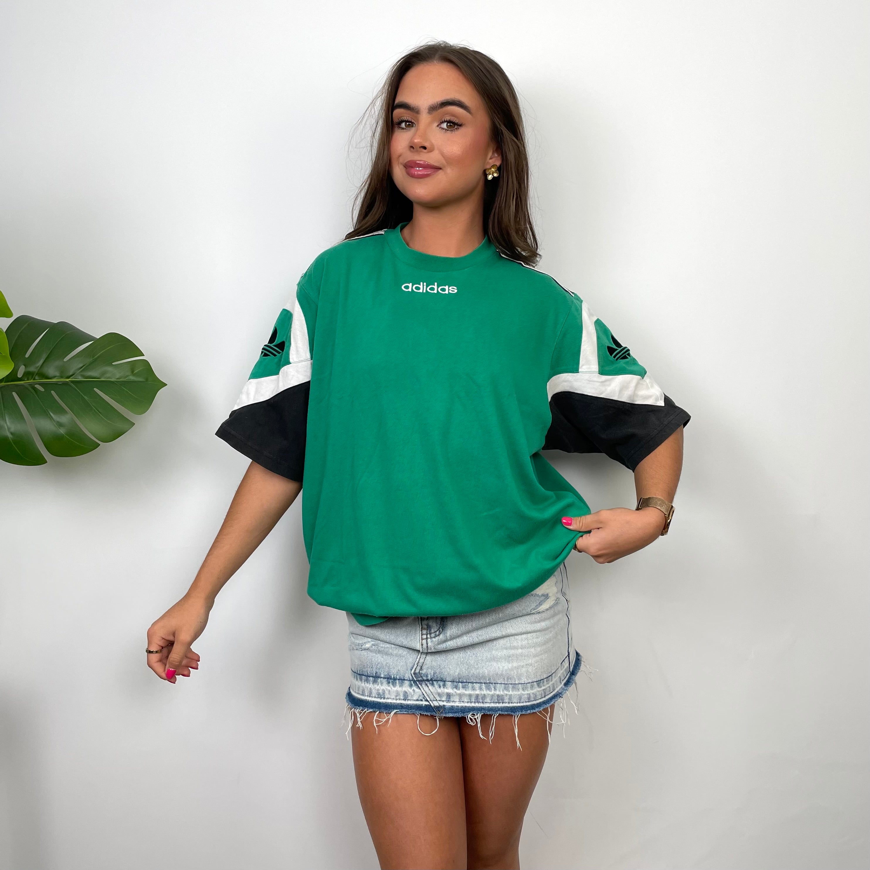 Adidas Green Embroidered Spell Out Colour Block T Shirt (L)