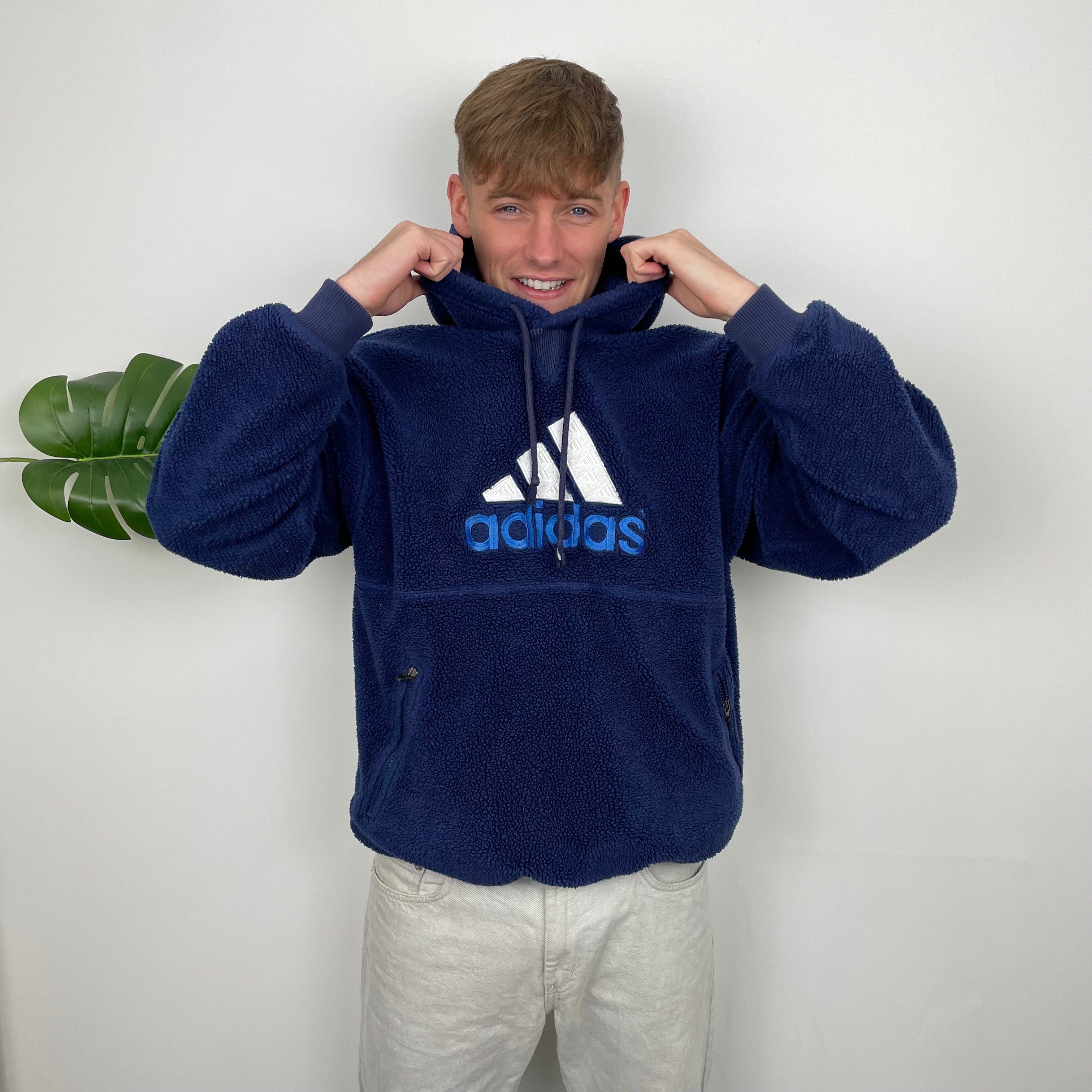 Adidas RARE Navy Embroidered Spell Out Teddy Bear Sherpa Fleece Hoodie (L)