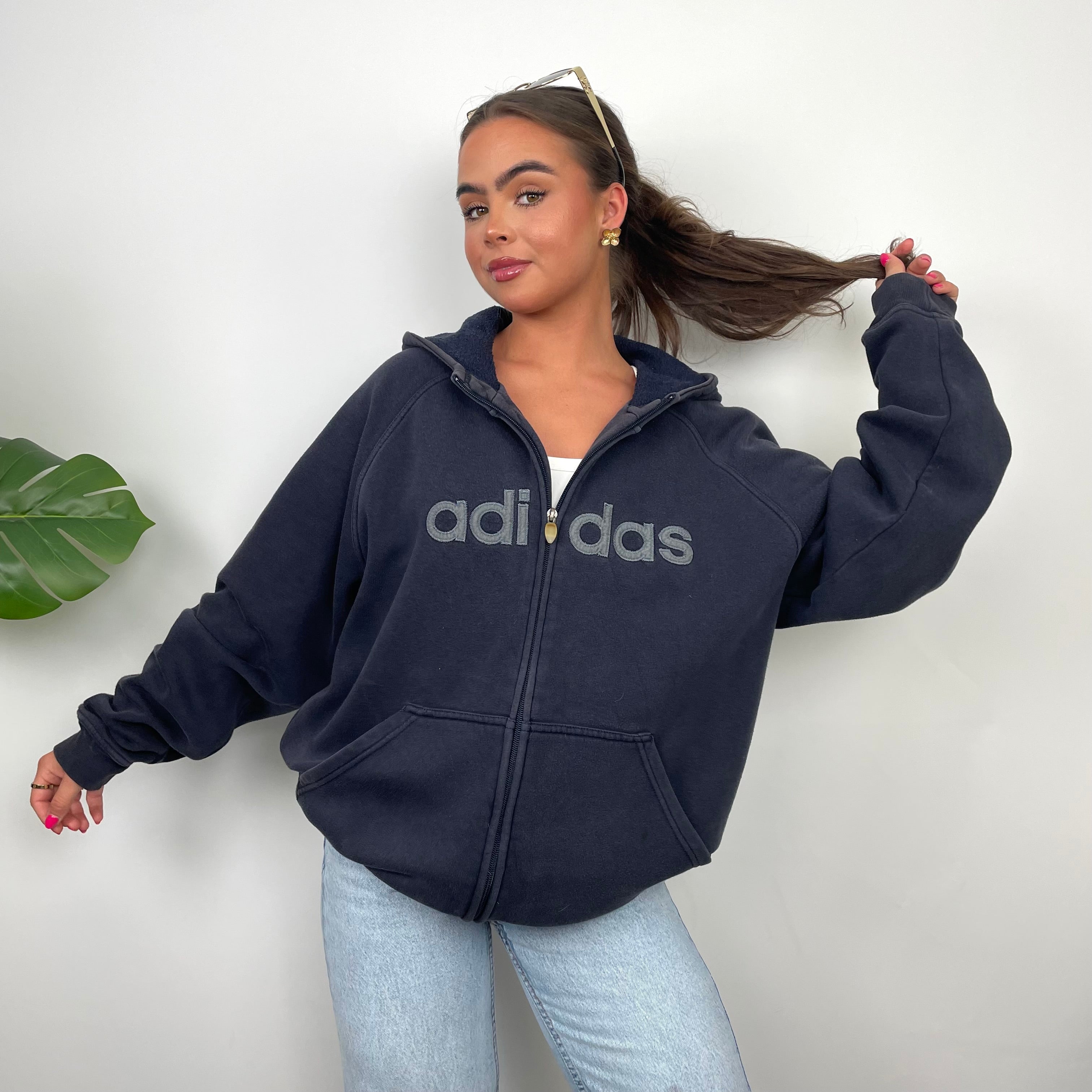 Adidas Navy Embroidered Spell Out Zip Up Hoodie Jacket (M)