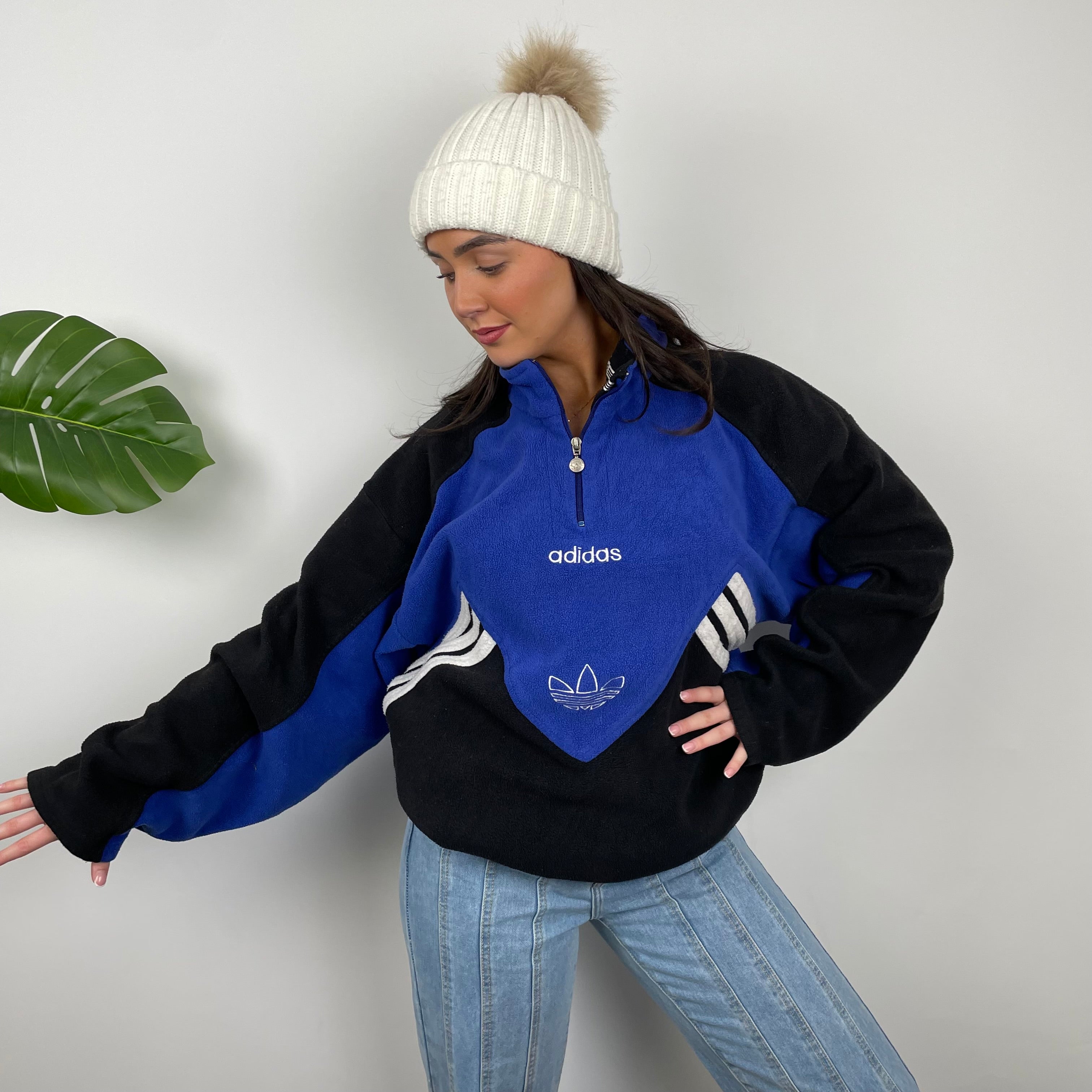 Adidas Blue Colour Block Embroidered Spell Out Teddy Bear Fleece Quarter Zip Sweatshirt (M)