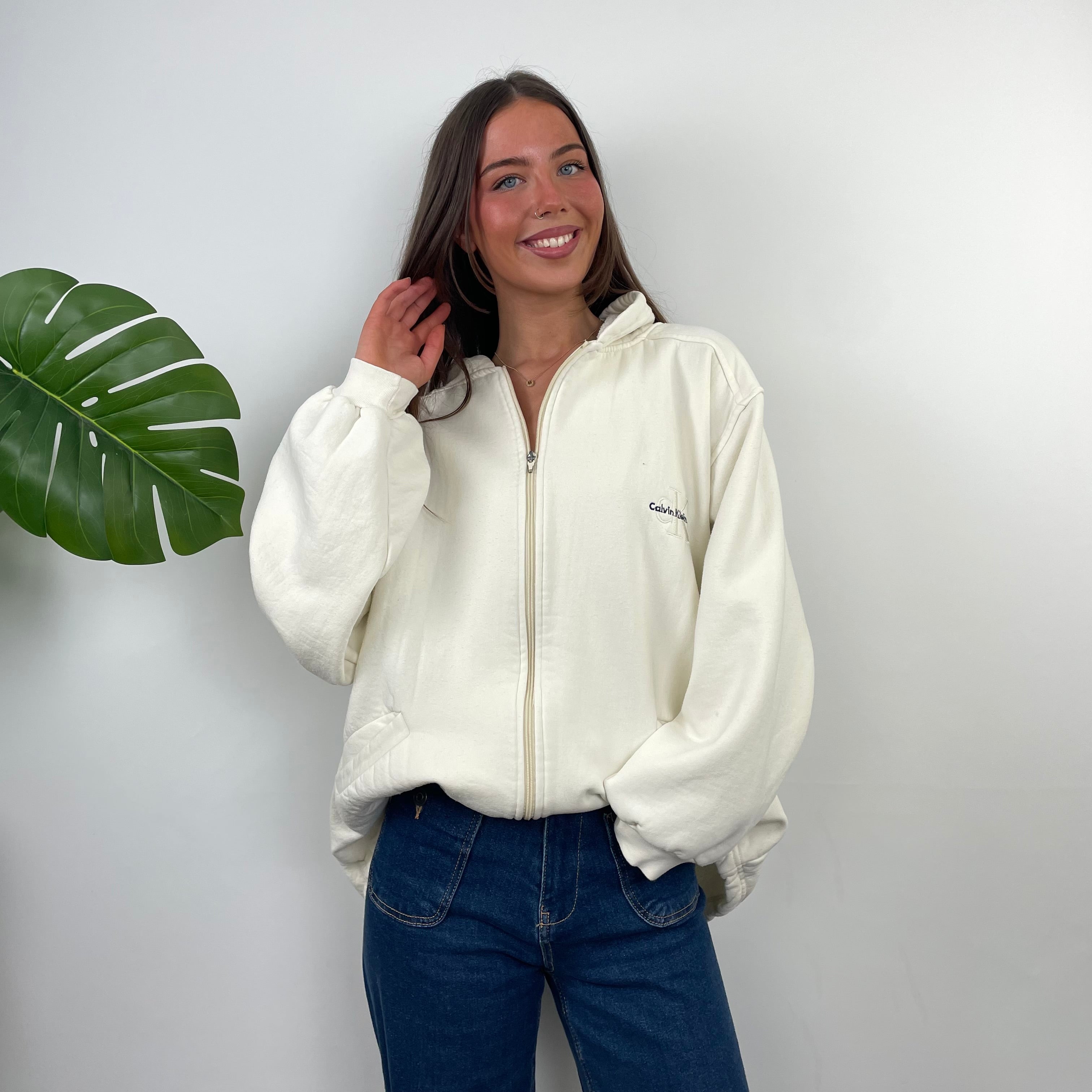 Calvin Klein Buttermilk Lemon Embroidered Spell Out Zip Up Hoodie (L)