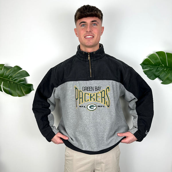 Green Bay Packers RARE Black & Grey Embroidered Spell Out Quarter Zip Sweatshirt (L)
