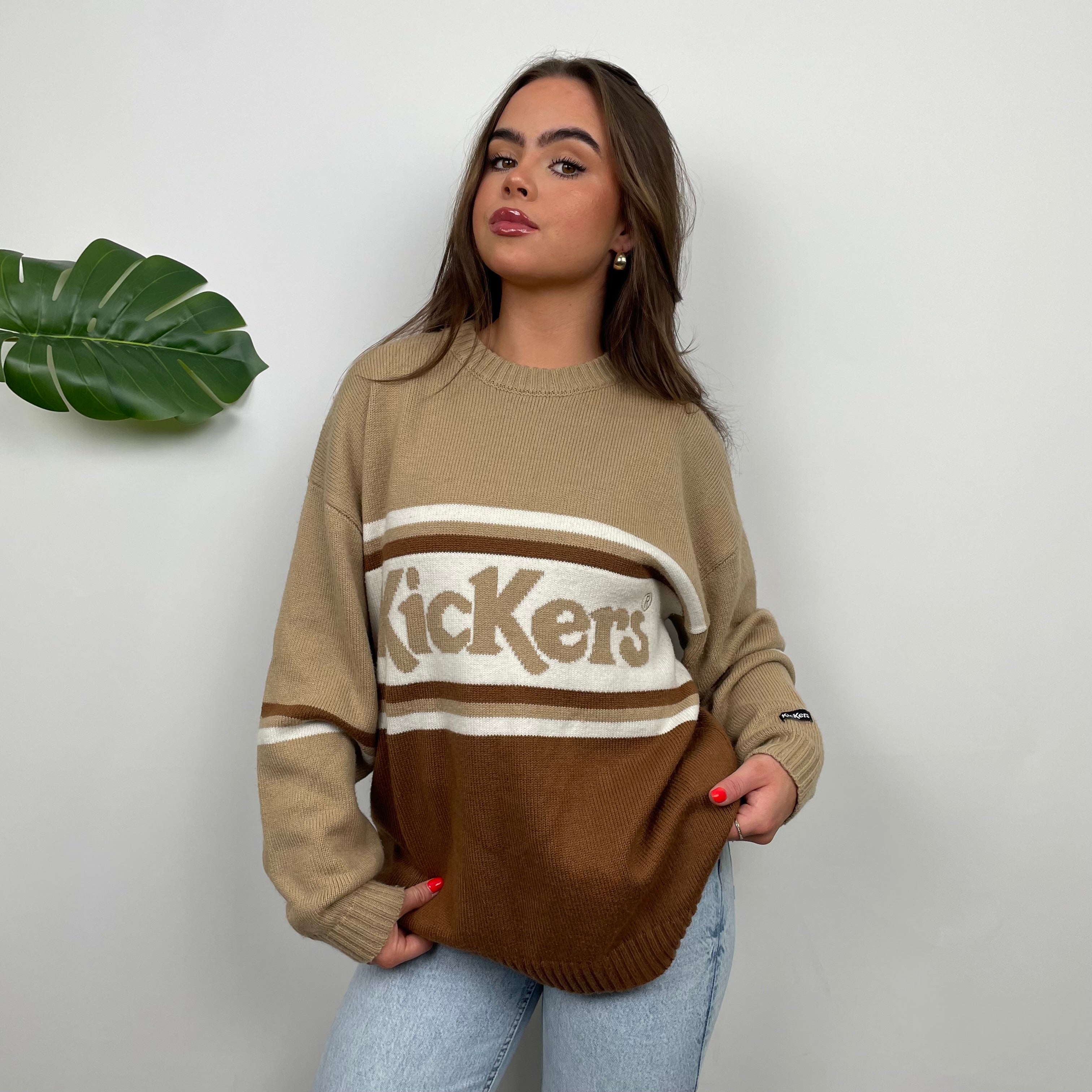 Kickers RARE Brown Embroidered Spell Out Knitted Sweater M Jamie Online Vintage