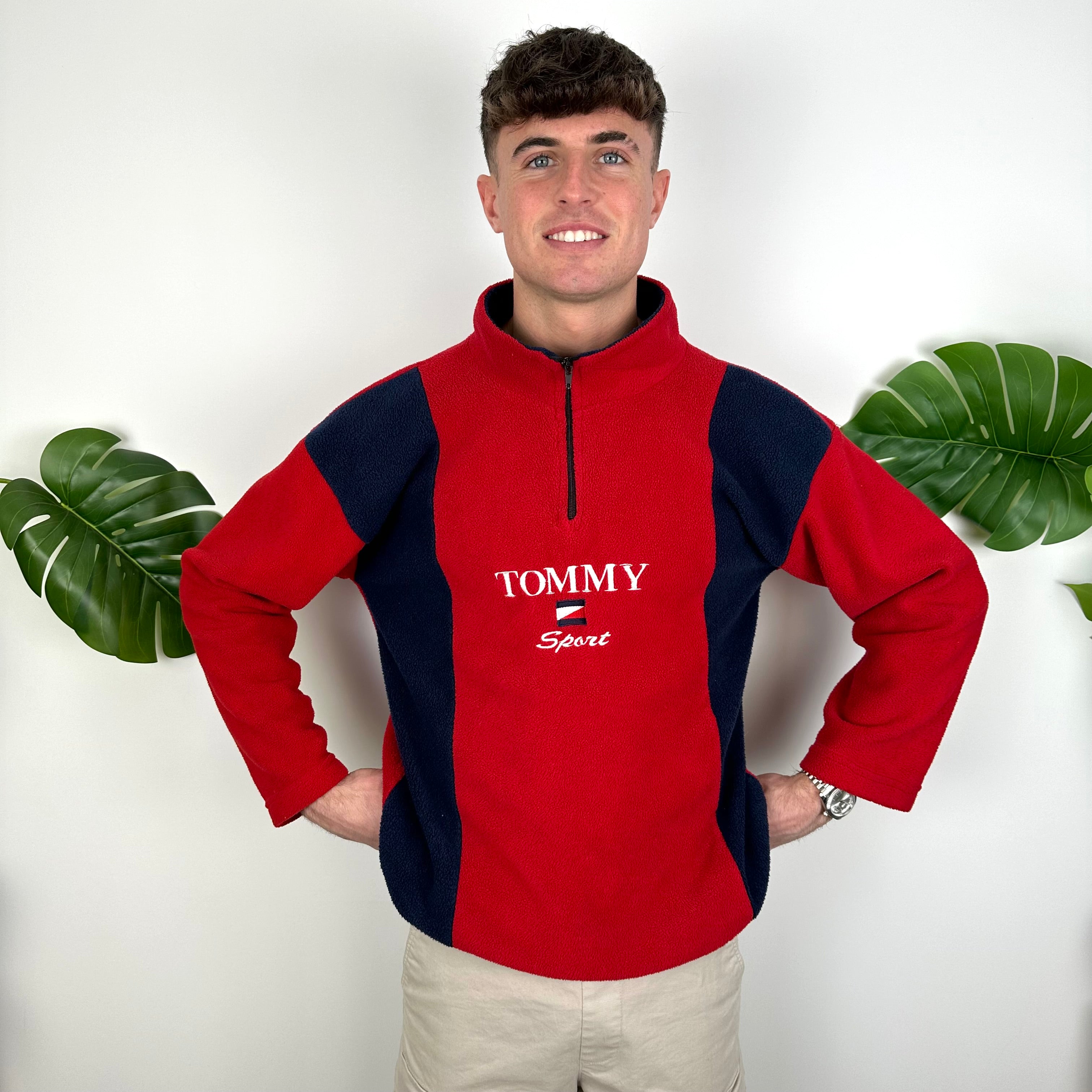 Tommy Hilfiger Red Embroidered Spell Out Teddy Bear Fleece Quarter Zip Sweatshirt (M)