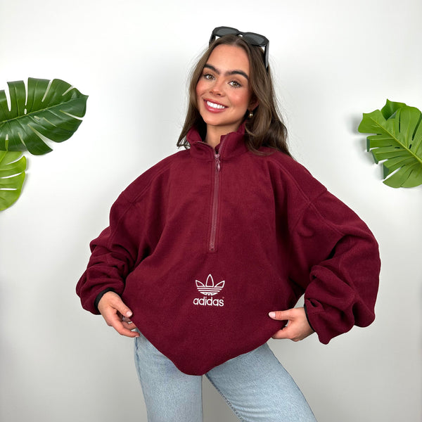 Adidas Maroon Embroidered Spell Out Teddy Bear Fleece Quarter Zip Sweatshirt (XXL)