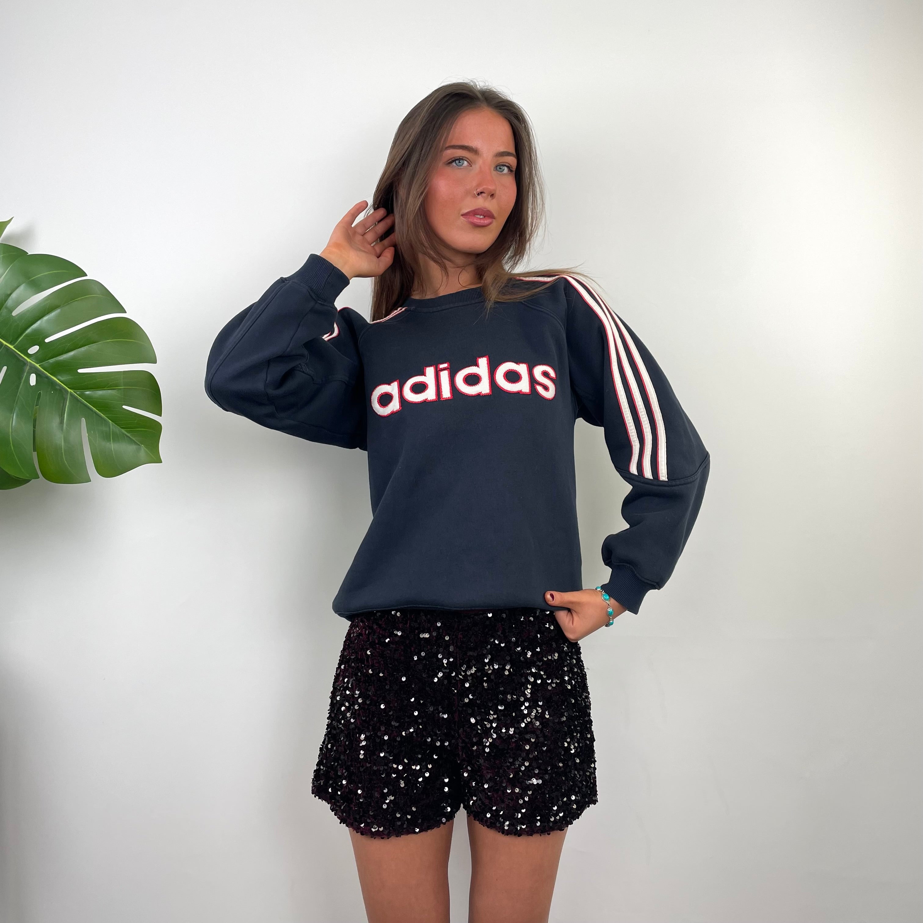 Adidas Navy Embroidered Spell Out Sweatshirt (XS)