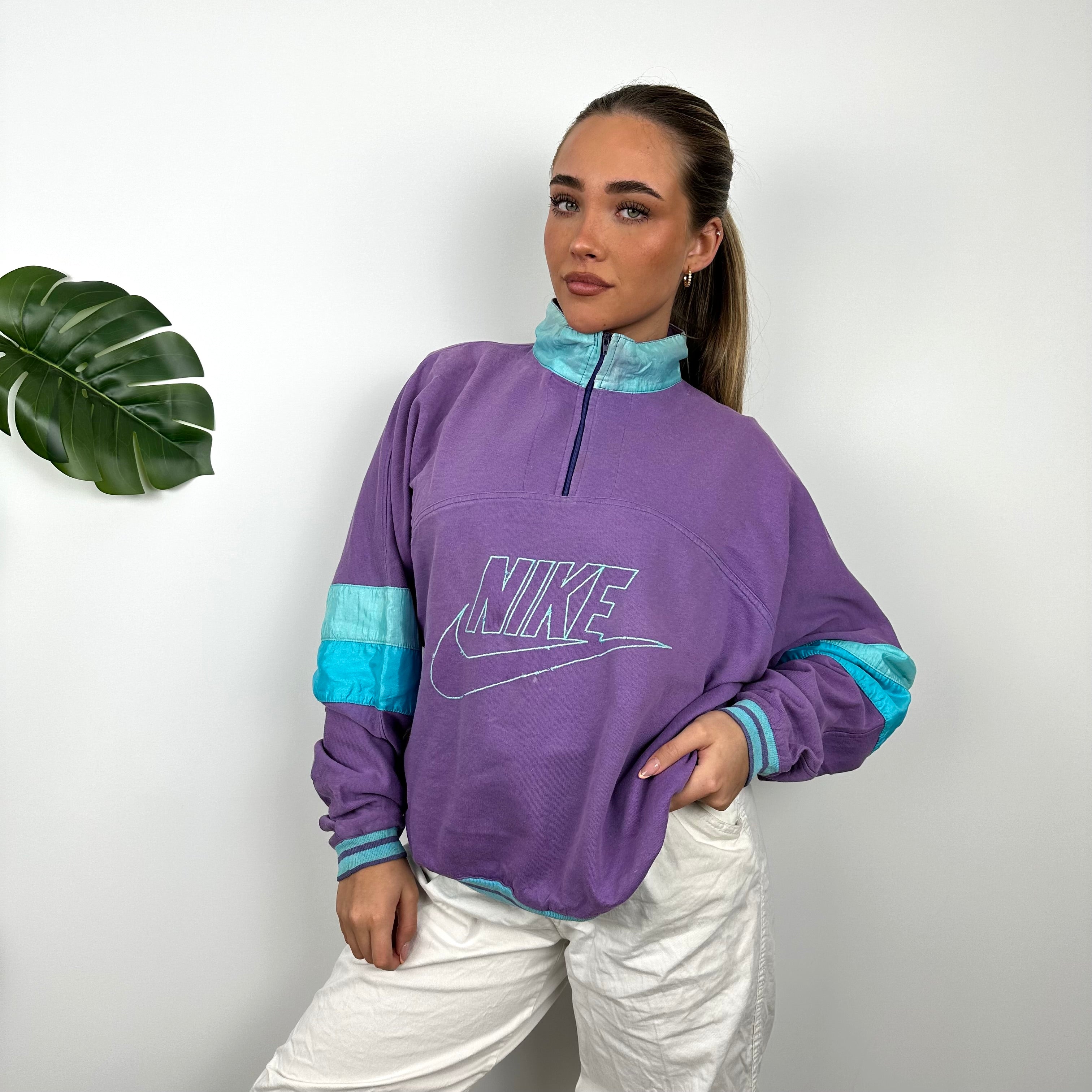 Nike RARE Purple Embroidered Spell Out Quarter Zip Sweatshirt (M)