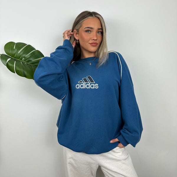 Adidas Blue Embroidered Spell Out Sweatshirt (XL)