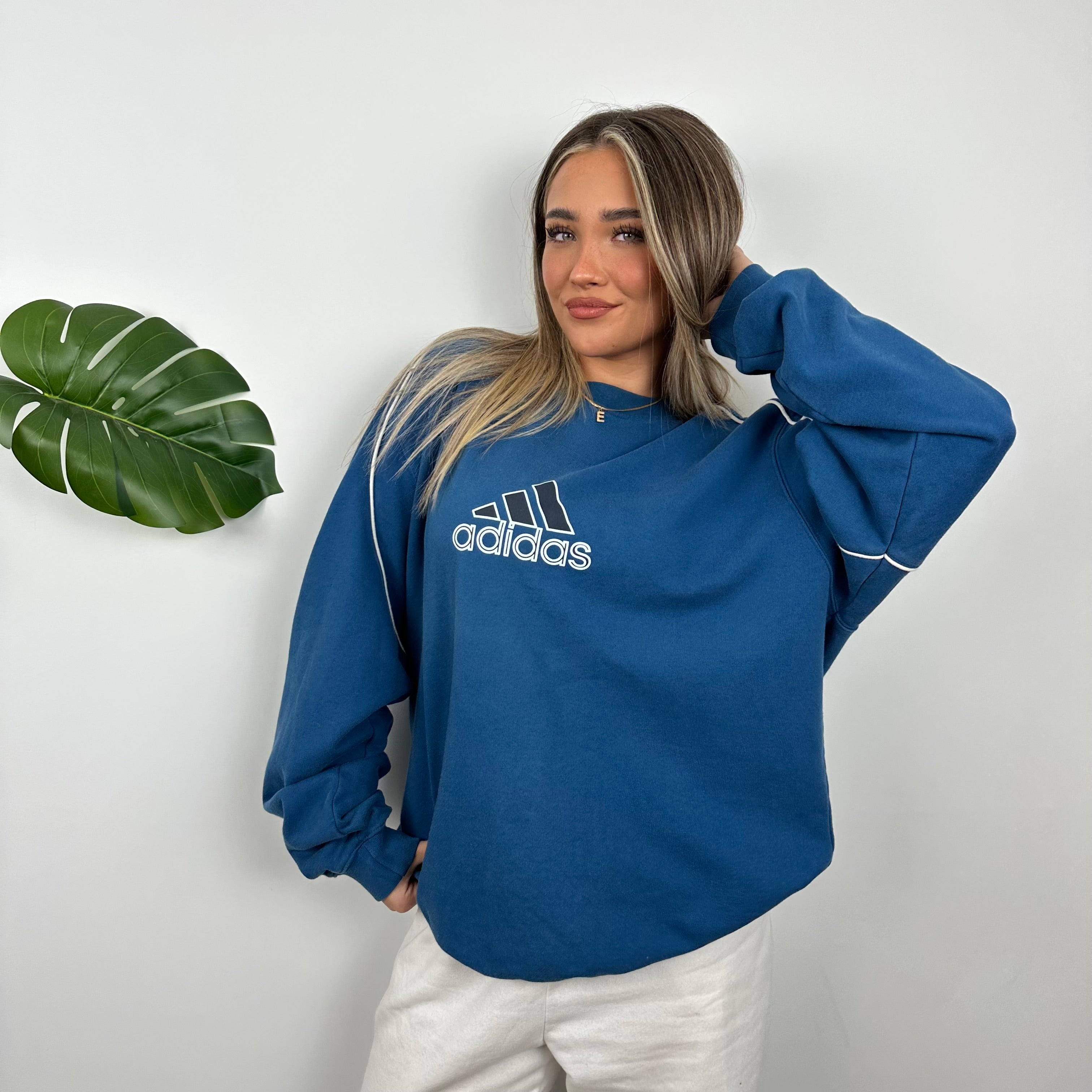Adidas Blue Embroidered Spell Out Sweatshirt (XL)